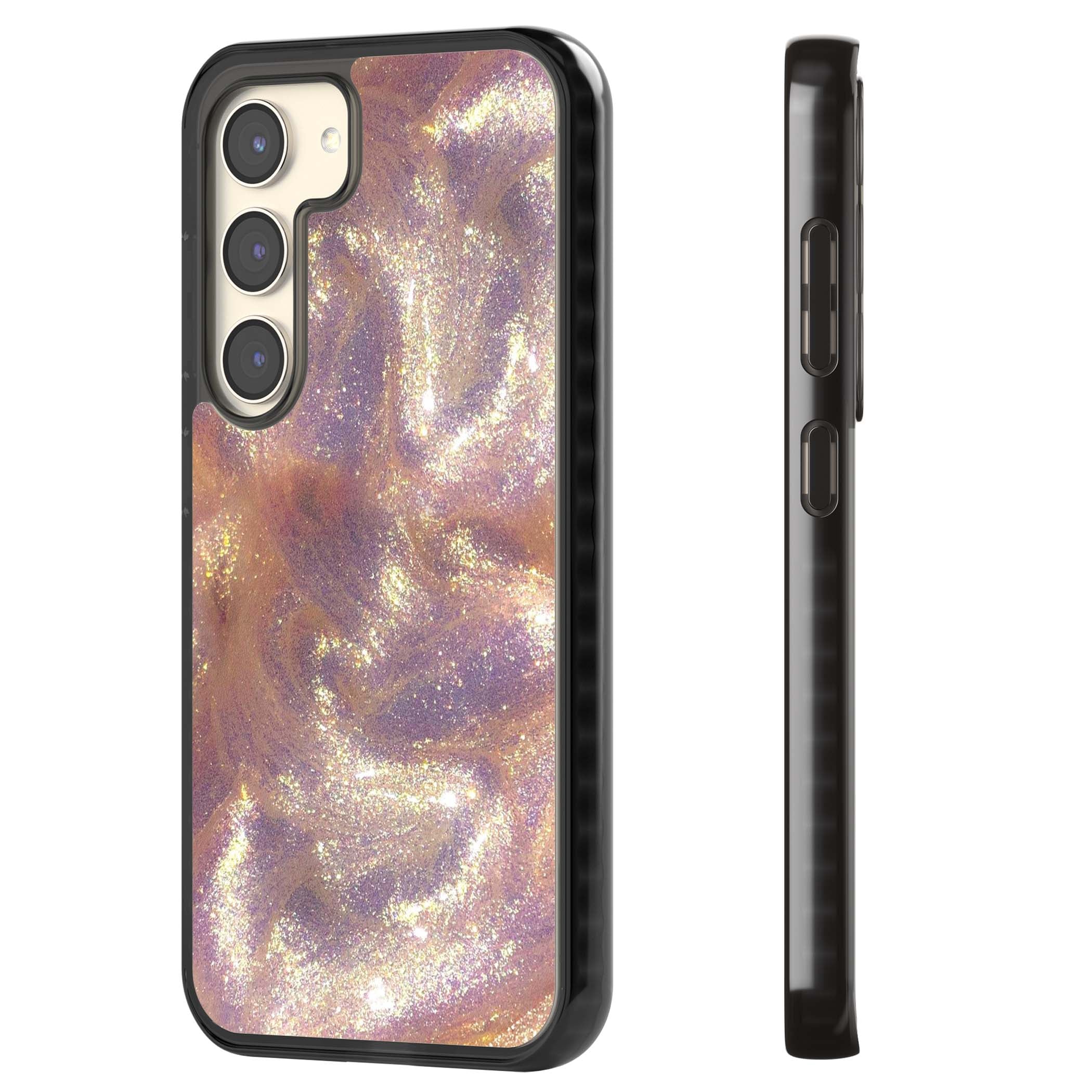 Shimmer marble iPhone case featuring rose gold glitter swirls, lilac shimmer and iridescent pearl finish | Black Impact case for Samsung Galaxy S24, Samsung Galaxy S23, Samsung Galaxy S22