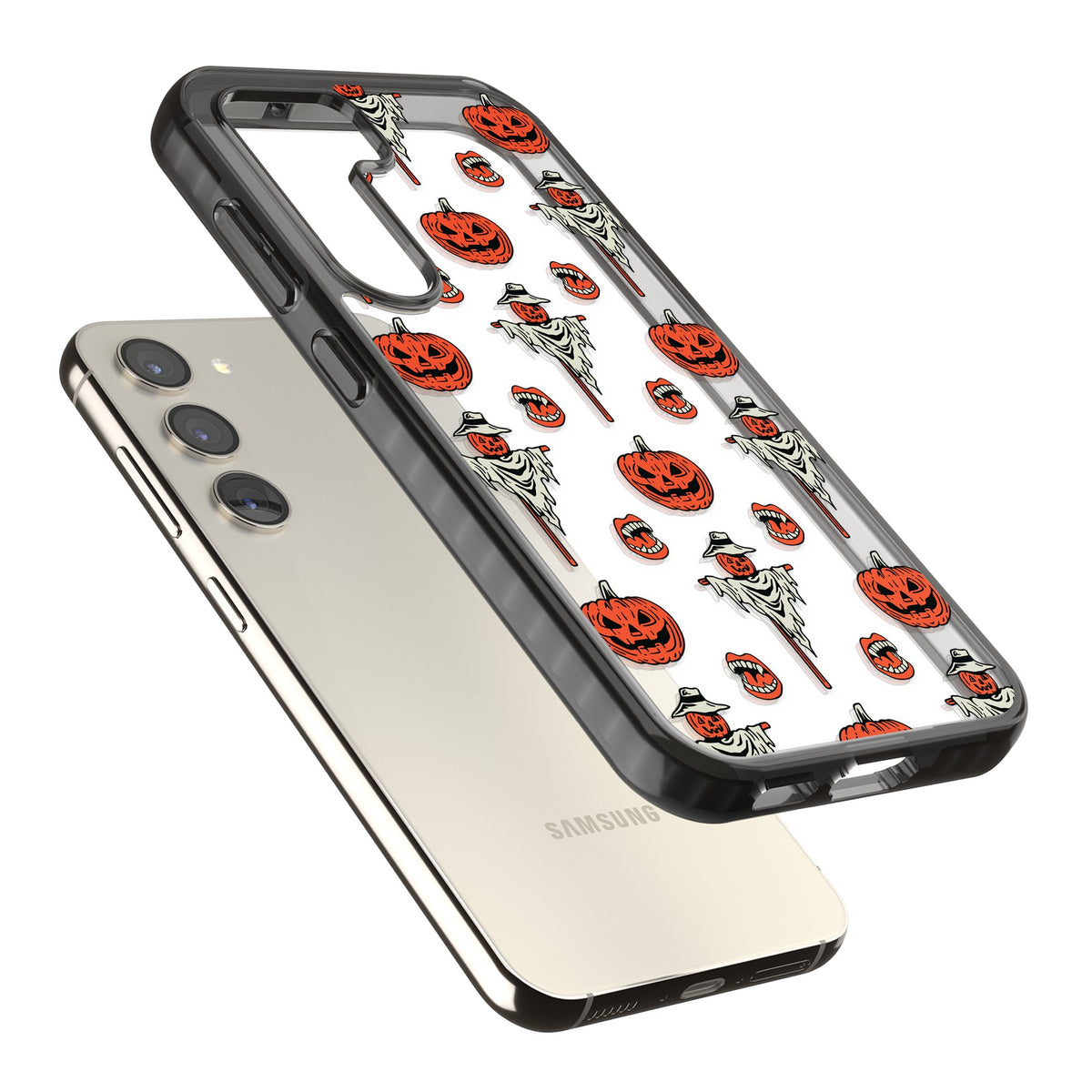 Retro Red Pumpkins & Scarecrows Samsung S22 / Samsung S22 Plus / Samsung S23 / Samsung S23 Plus / Samsung S24 / Samsung S24 Plus Impact Black Phone Case angled