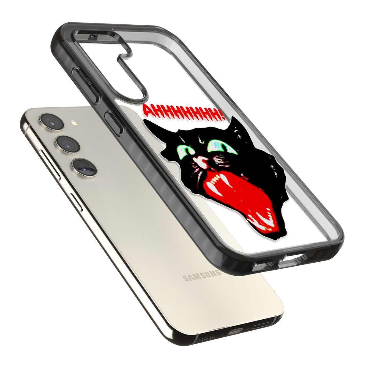 AHH! Cat Samsung S22 / Samsung S22 Plus / Samsung S23 / Samsung S23 Plus / Samsung S24 / Samsung S24 Plus Impact Black Phone Case angled