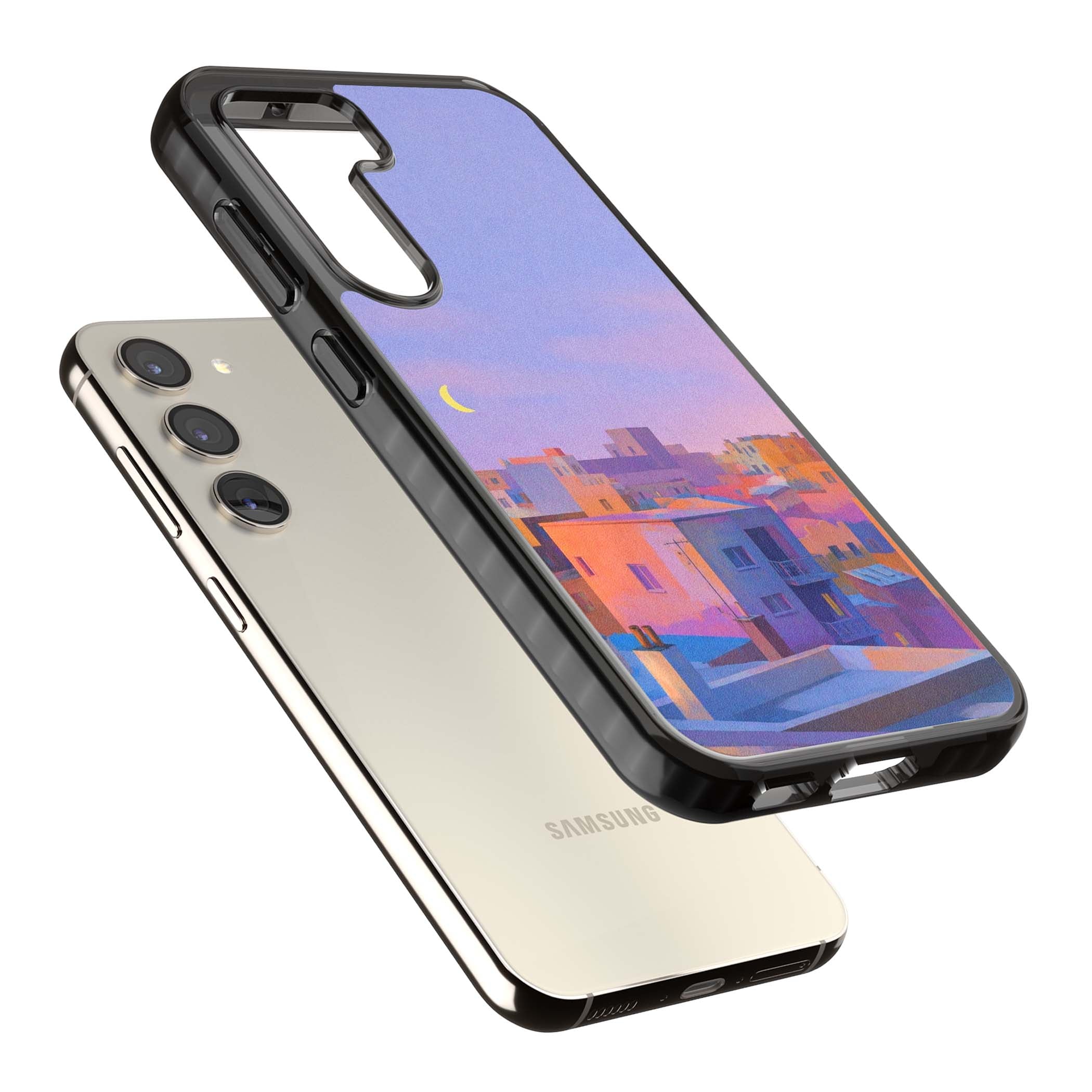 Twilight Rooftops vaporwave iPhone case featuring a pastel sunset cityscape, painted rooftops and a crescent moon. | Black Impact case for Samsung Galaxy S24, Samsung Galaxy S23, Samsung Galaxy S22