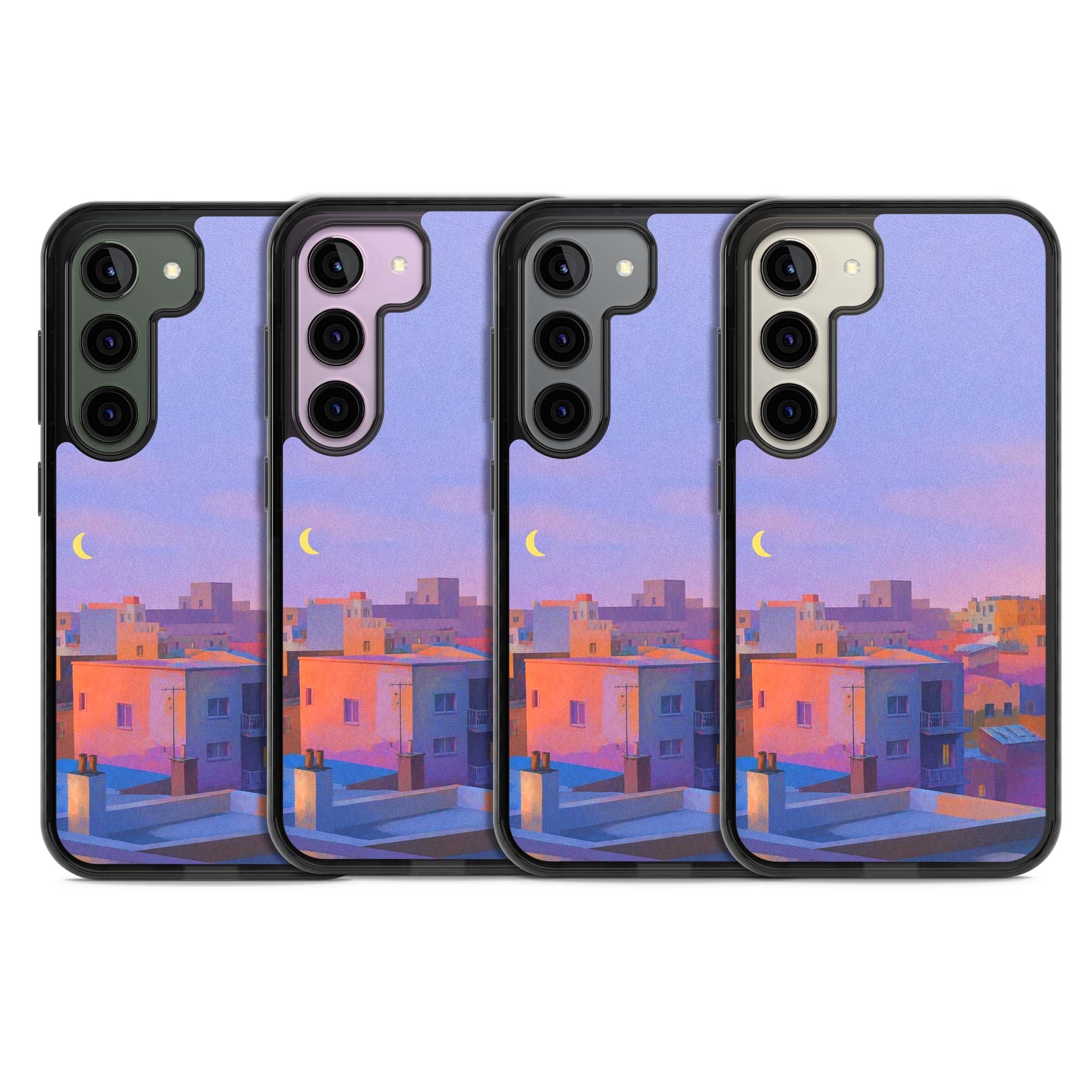 Twilight Rooftops vaporwave iPhone case featuring a pastel sunset cityscape, painted rooftops and a crescent moon. | Black Impact case for Samsung Galaxy S24, Samsung Galaxy S23, Samsung Galaxy S22