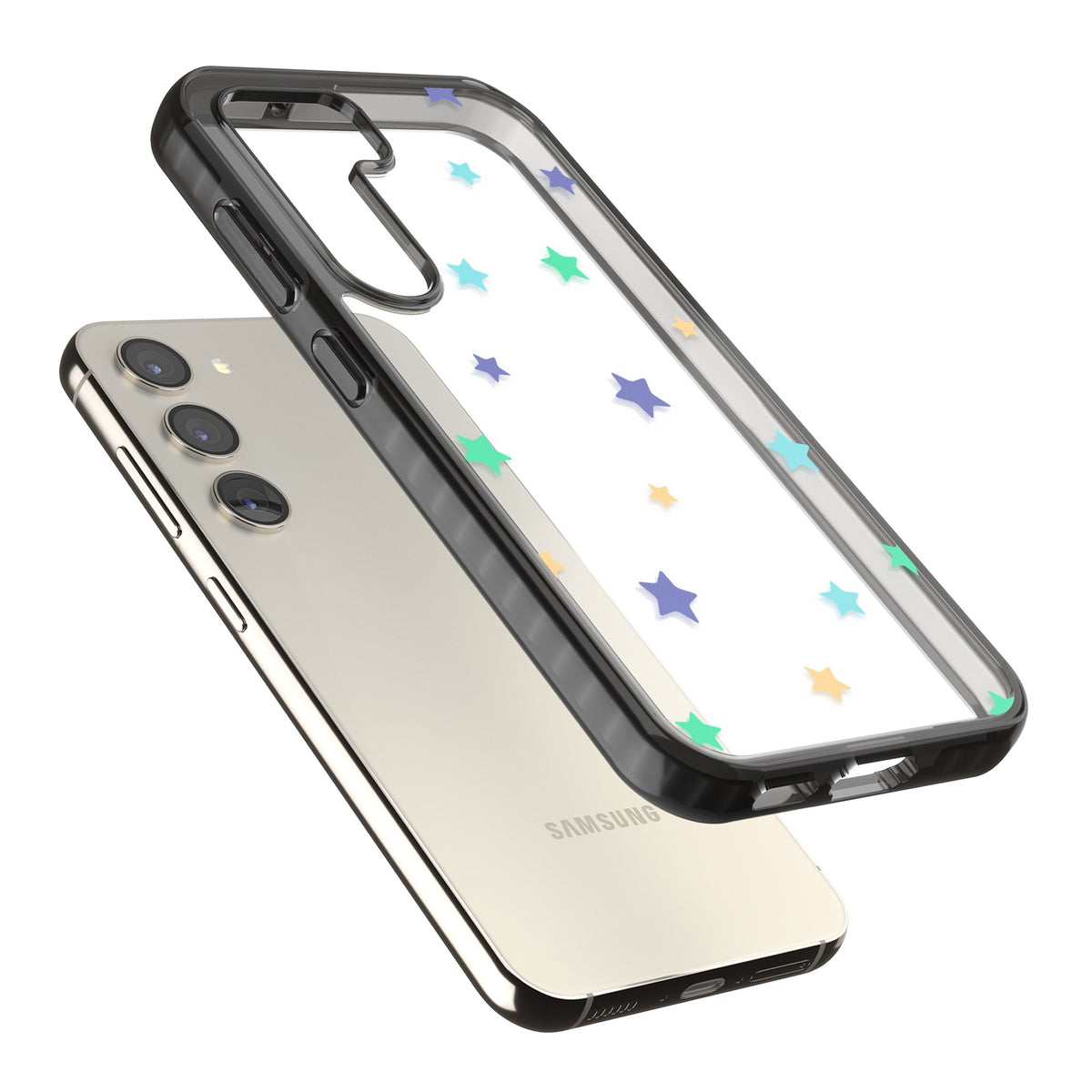 Pastel Star Pattern Samsung S22 / Samsung S22 Plus / Samsung S23 / Samsung S23 Plus / Samsung S24 / Samsung S24 Plus Impact Black Phone Case angled