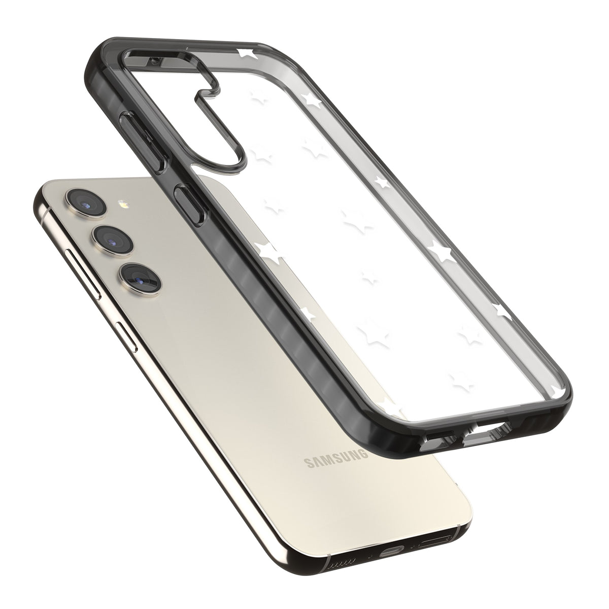 Minimal White Stars Samsung S22 / Samsung S22 Plus / Samsung S23 / Samsung S23 Plus / Samsung S24 / Samsung S24 Plus Impact Black Phone Case angled