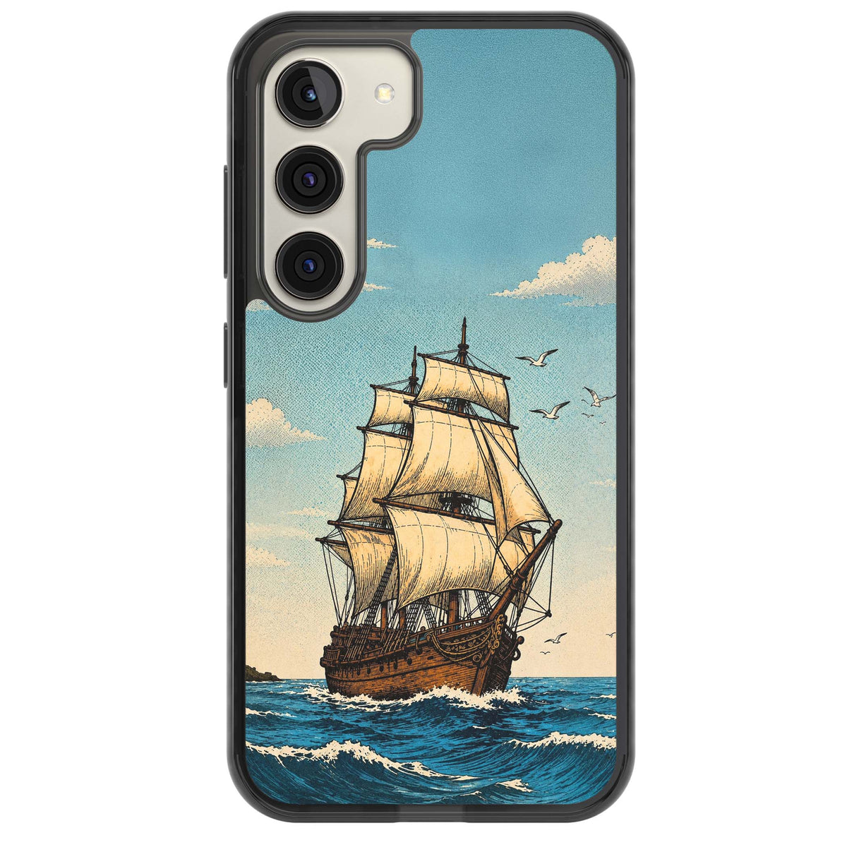 Ship at Sea nautical iPhone case featuring a vintage tall ship, ocean waves and seagulls | Black Impact case for Samsung Galaxy S24, Samsung Galaxy S23, Samsung Galaxy S22