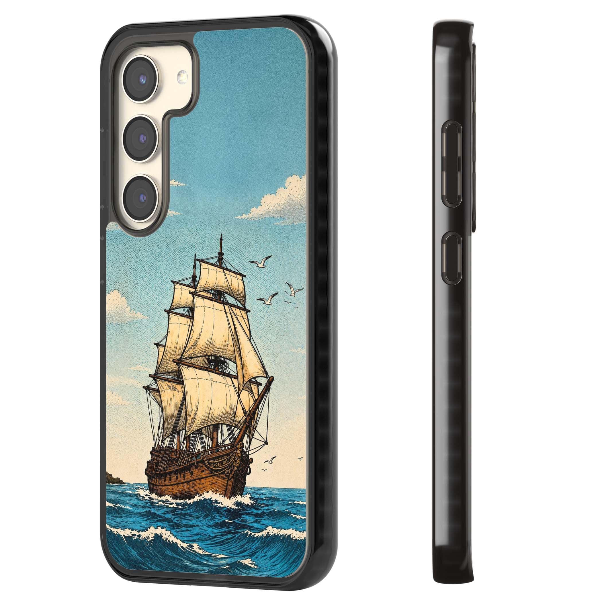 Ship at Sea nautical iPhone case featuring a vintage tall ship, ocean waves and seagulls | Black Impact case for Samsung Galaxy S24, Samsung Galaxy S23, Samsung Galaxy S22