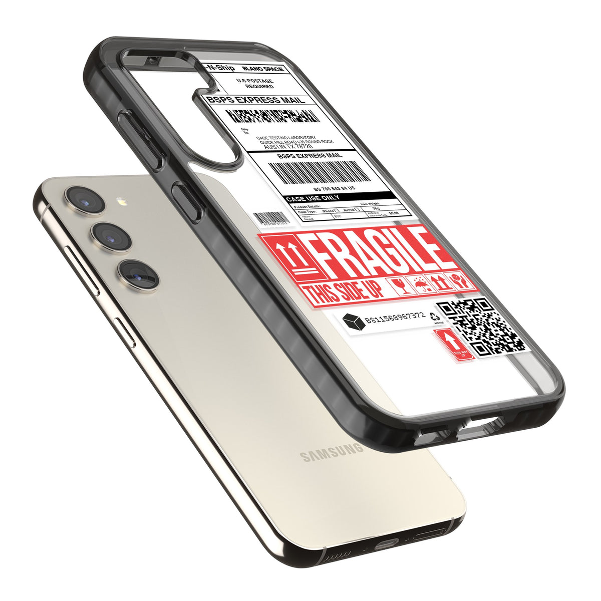 Shipping Label Samsung S22 / Samsung S22 Plus / Samsung S23 / Samsung S23 Plus / Samsung S24 / Samsung S24 Plus Impact Black Phone Case angled