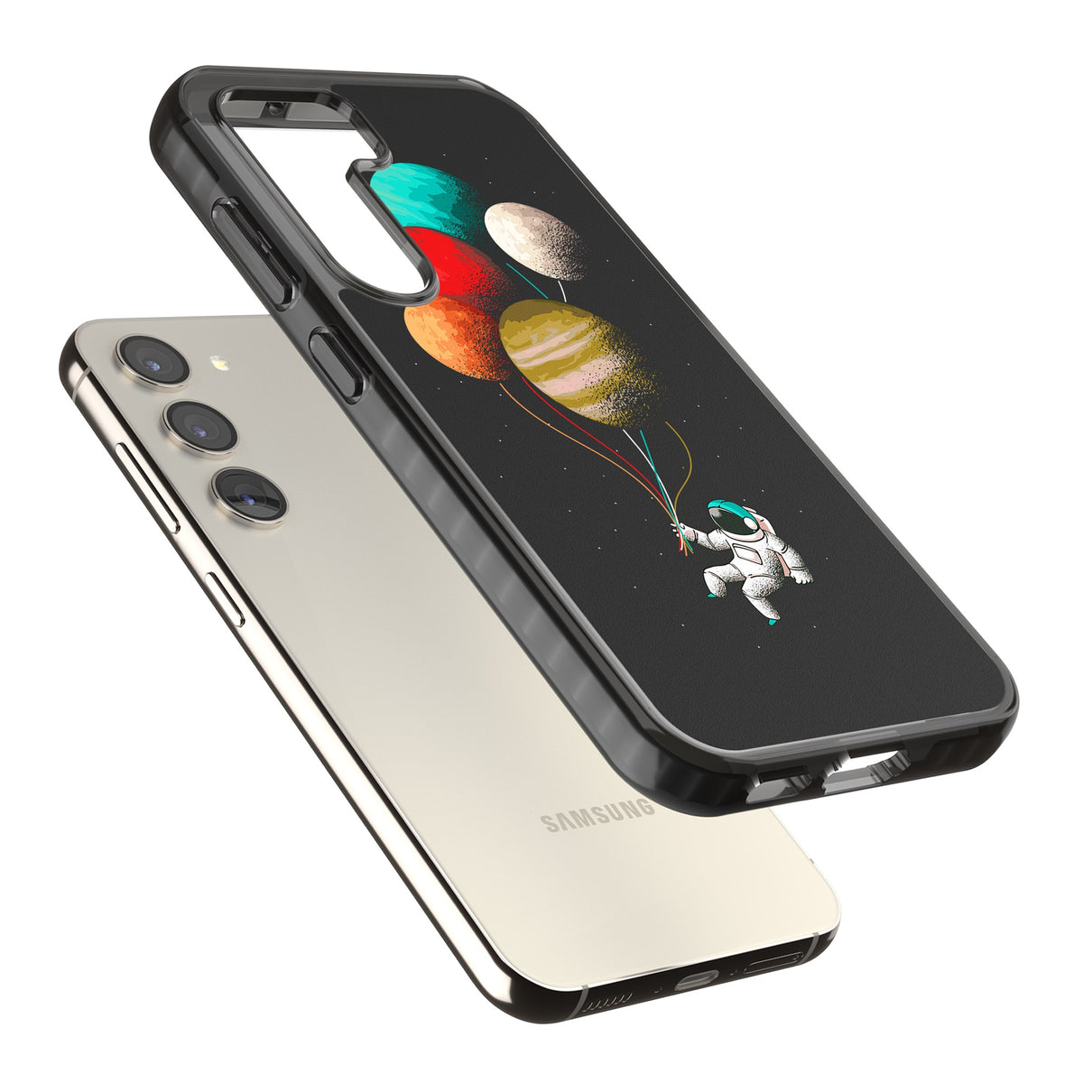 Astronaut Balloon Planets Samsung S22 / Samsung S22 Plus / Samsung S23 / Samsung S23 Plus / Samsung S24 / Samsung S24 Plus Impact Black Phone Case angled