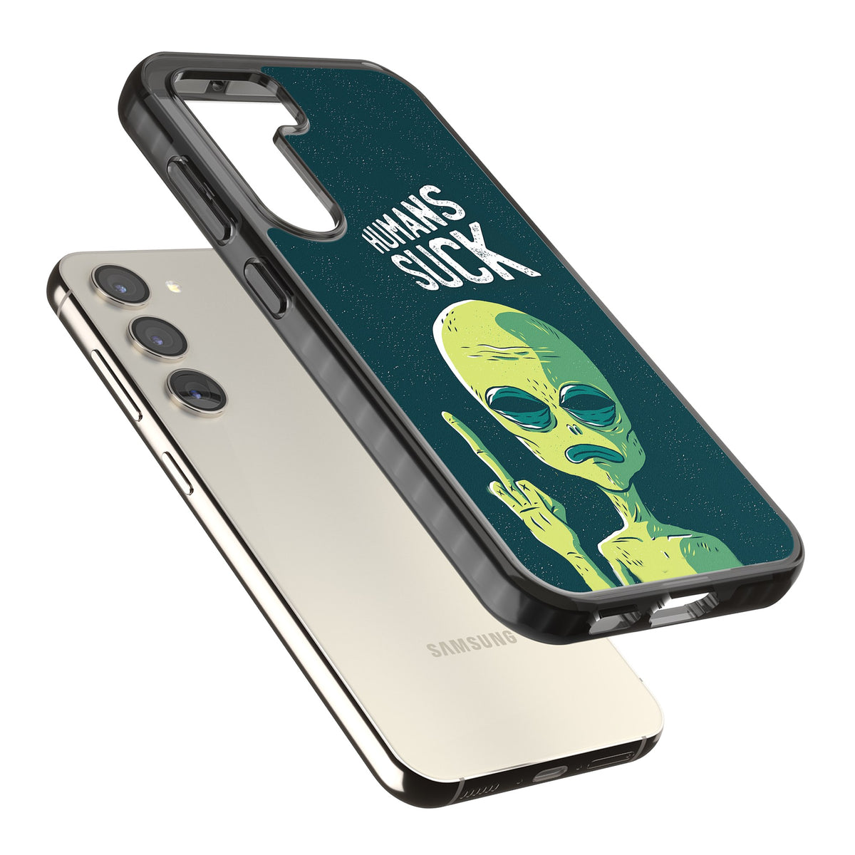 Humans Suck Alien Samsung S22 / Samsung S22 Plus / Samsung S23 / Samsung S23 Plus / Samsung S24 / Samsung S24 Plus Impact Black Phone Case angled