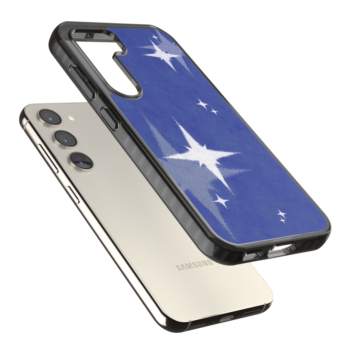 Blue Sparkle Samsung S22 / Samsung S22 Plus / Samsung S23 / Samsung S23 Plus / Samsung S24 / Samsung S24 Plus Impact Black Phone Case angled