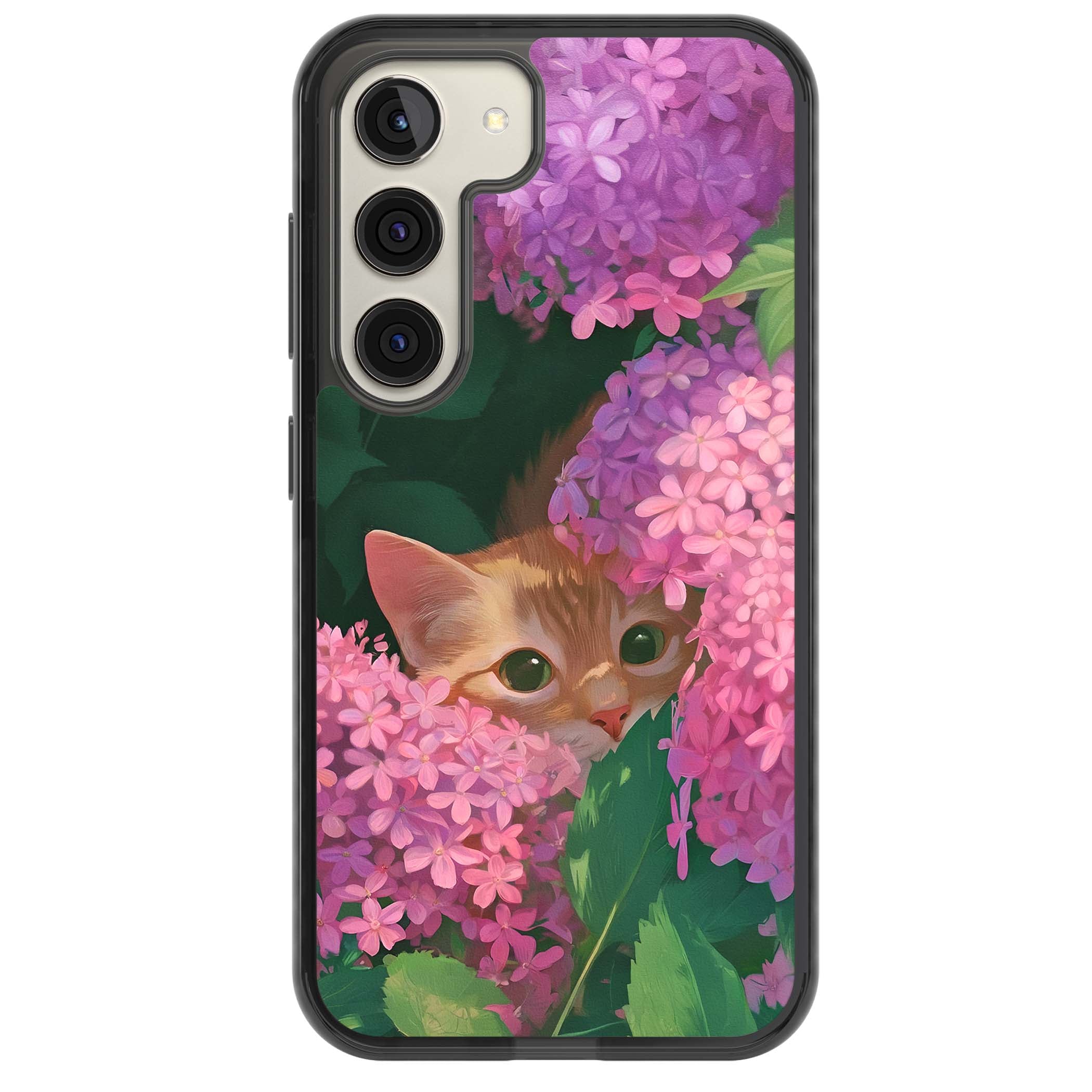Cat In Pink Flowers cottagecore iPhone case featuring a ginger kitten peeking through lilac and pink hydrangea flo | Black Impact case for Samsung Galaxy S24, Samsung Galaxy S23, Samsung Galaxy S22