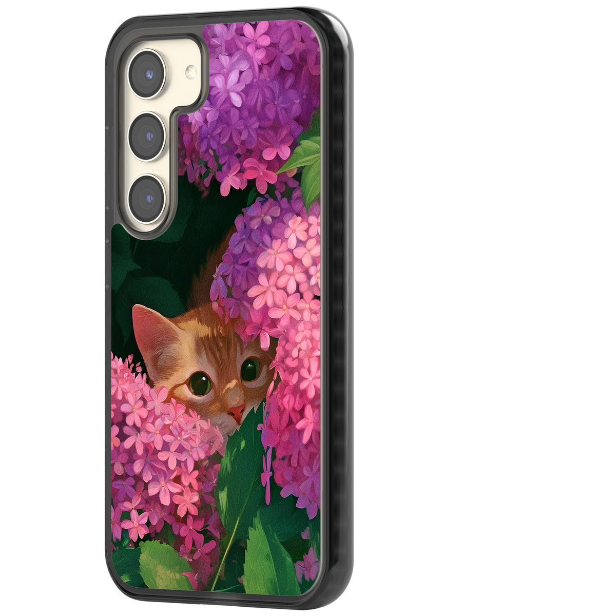 Cat In Pink Flowers Samsung S22 / Samsung S22 Plus / Samsung S23 / Samsung S23 Plus / Samsung S24 / Samsung S24 Plus Impact Black Phone Case side