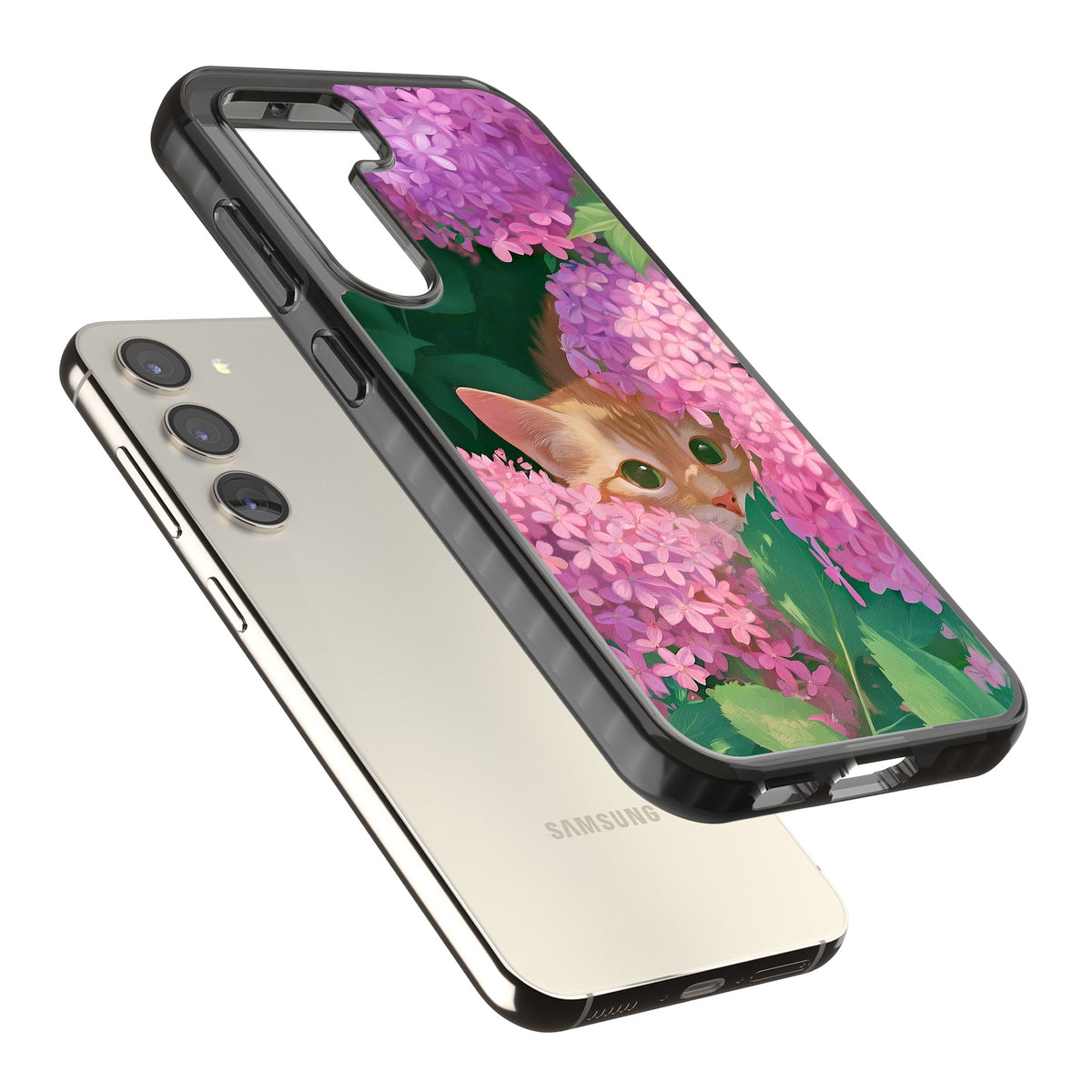 Cat In Pink Flowers Samsung S22 / Samsung S22 Plus / Samsung S23 / Samsung S23 Plus / Samsung S24 / Samsung S24 Plus Impact Black Phone Case angled