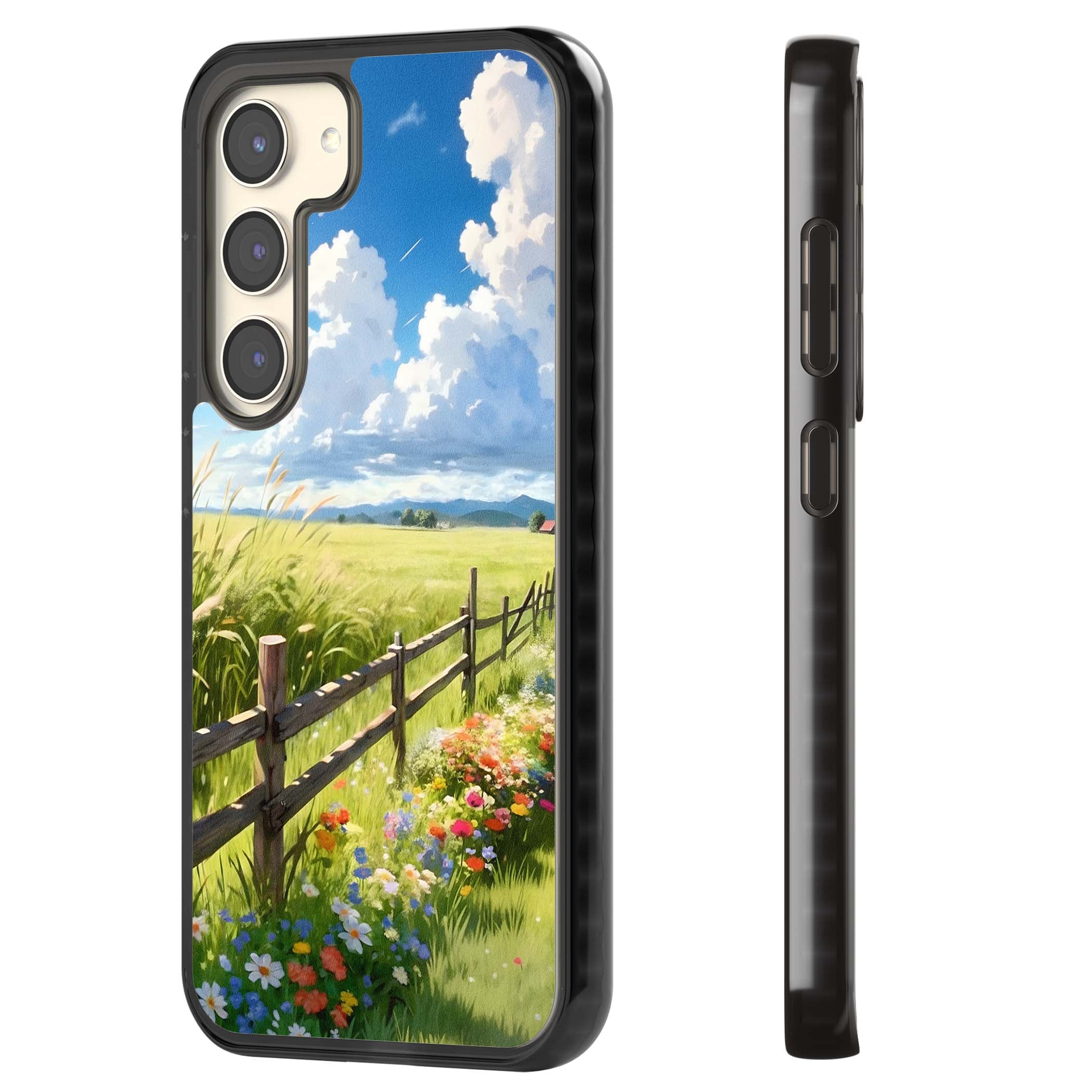 A Countryside Afternoon cottagecore iPhone case featuring a painted countryside meadow, wooden fence, and wildflowers beneath | Black Impact case for Samsung Galaxy S24, Samsung Galaxy S23, Samsung Galaxy S22