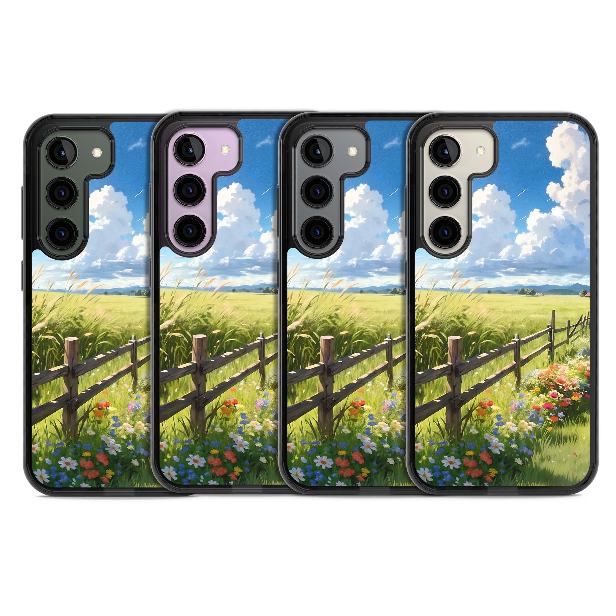A Countryside Afternoon cottagecore iPhone case featuring a painted countryside meadow, wooden fence, and wildflowers beneath | Black Impact case for Samsung Galaxy S24, Samsung Galaxy S23, Samsung Galaxy S22