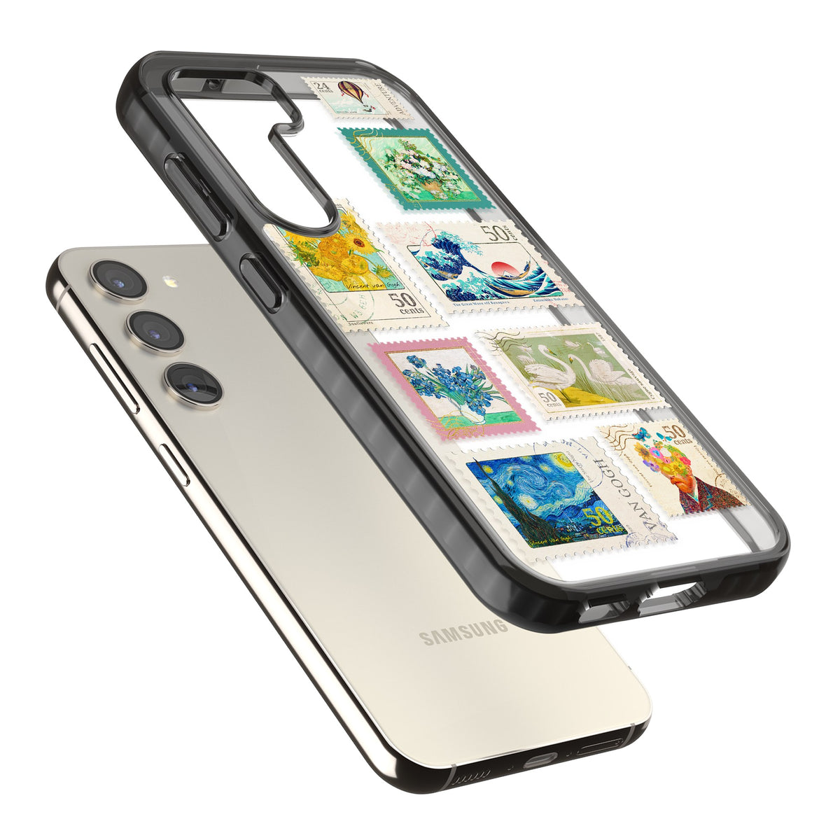 Vintage Art Stamps Samsung S22 / Samsung S22 Plus / Samsung S23 / Samsung S23 Plus / Samsung S24 / Samsung S24 Plus Impact Black Phone Case angled