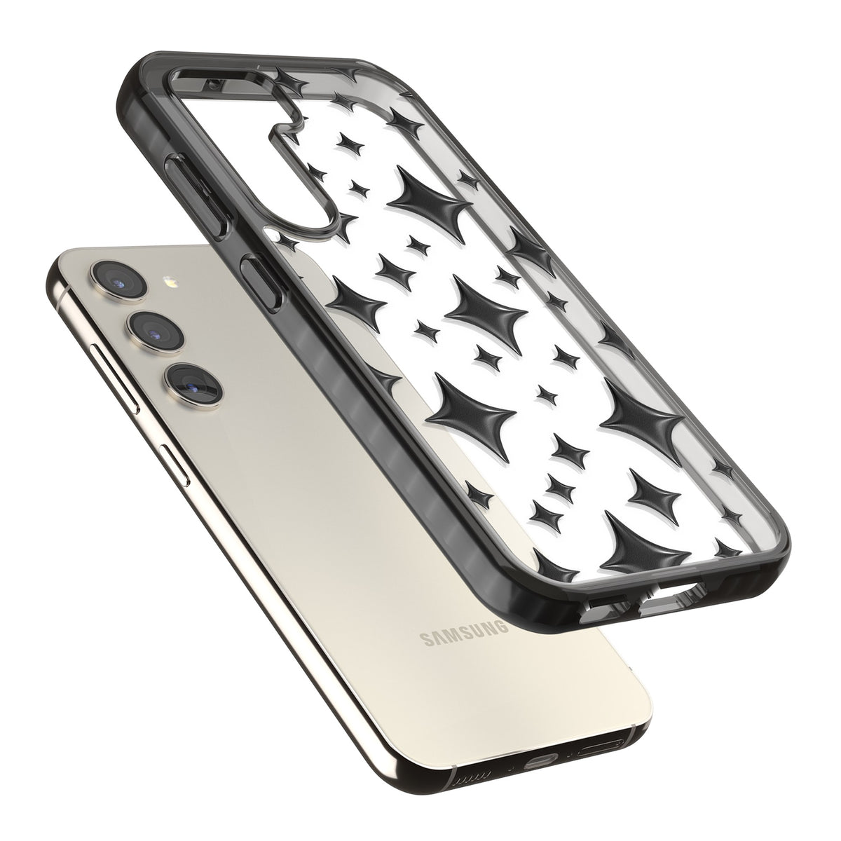 Black Puff Sparkle Pattern Samsung S22 / Samsung S22 Plus / Samsung S23 / Samsung S23 Plus / Samsung S24 / Samsung S24 Plus Impact Black Phone Case angled