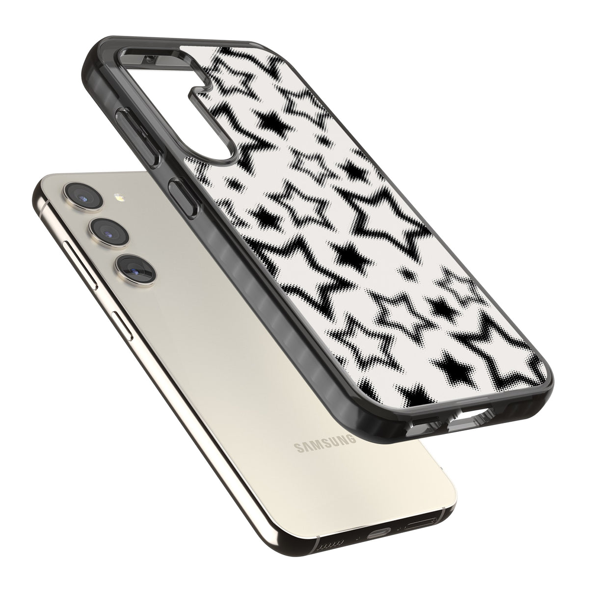 Black Halftone Stars Samsung S22 / Samsung S22 Plus / Samsung S23 / Samsung S23 Plus / Samsung S24 / Samsung S24 Plus Impact Black Phone Case angled