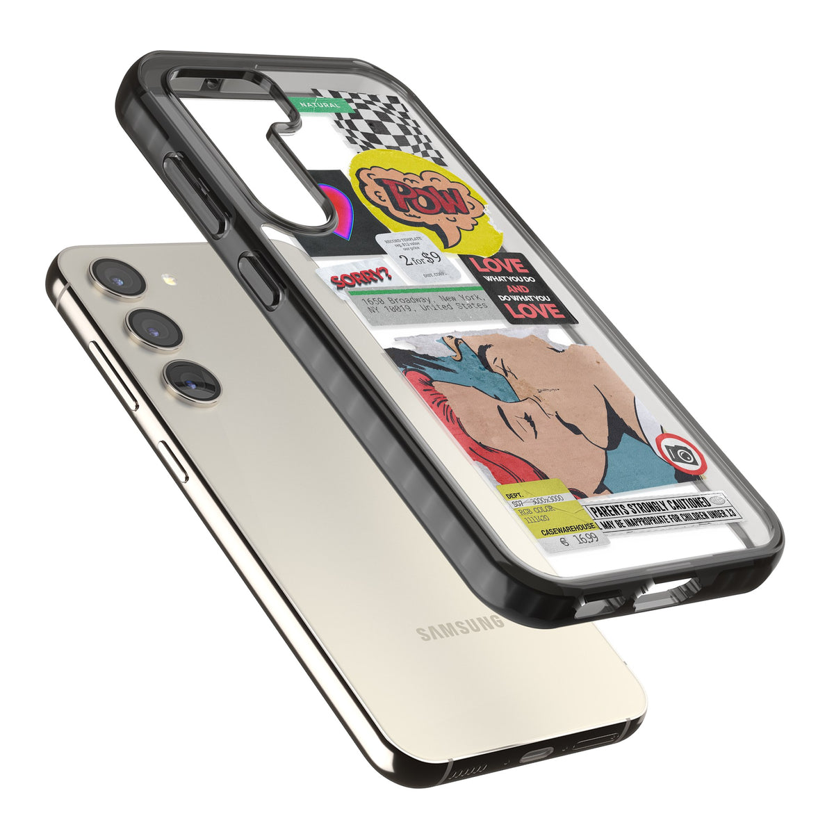 Retro Sticker Mix Samsung S22 / Samsung S22 Plus / Samsung S23 / Samsung S23 Plus / Samsung S24 / Samsung S24 Plus Impact Black Phone Case angled