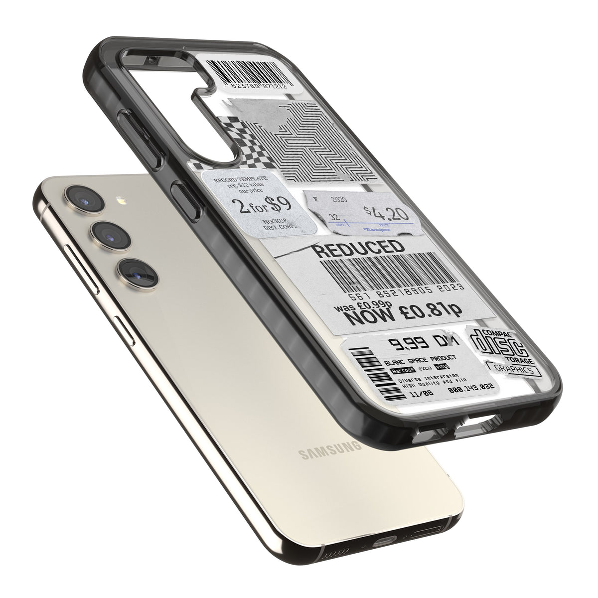 White Sticker Mix Samsung S22 / Samsung S22 Plus / Samsung S23 / Samsung S23 Plus / Samsung S24 / Samsung S24 Plus Impact Black Phone Case angled