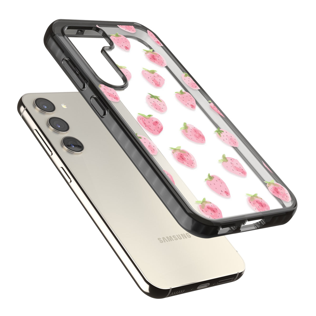 Pink Strawberry Samsung S22 / Samsung S22 Plus / Samsung S23 / Samsung S23 Plus / Samsung S24 / Samsung S24 Plus Impact Black Phone Case angled