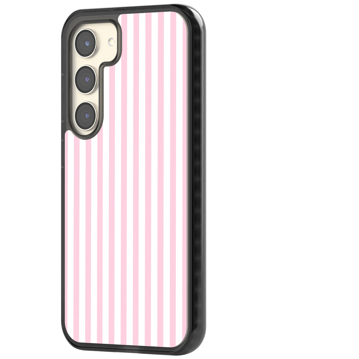 Pink Stripe preppy iPhone case featuring soft pastel pink and white vertical candy stripes Samsung S22 / Samsung S22 Plus / Samsung S23 / Samsung S23 Plus / Samsung S24 / Samsung S24 Plus Impact Black Phone Case side