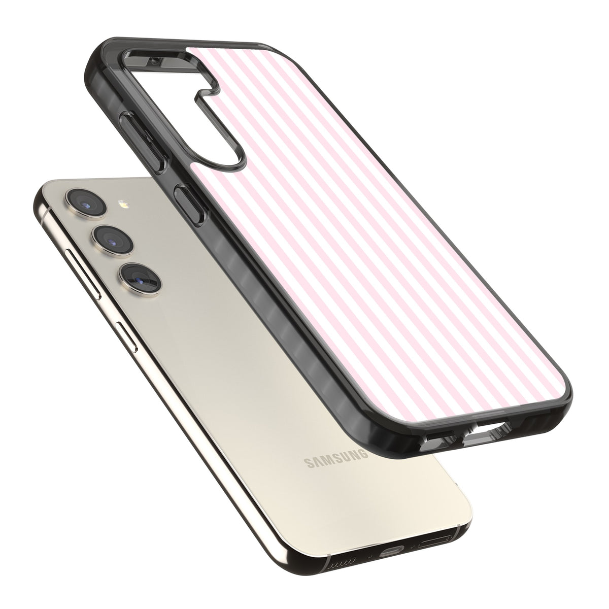 Pink Stripe preppy iPhone case featuring soft pastel pink and white vertical candy stripes Samsung S22 / Samsung S22 Plus / Samsung S23 / Samsung S23 Plus / Samsung S24 / Samsung S24 Plus Impact Black Phone Case angled