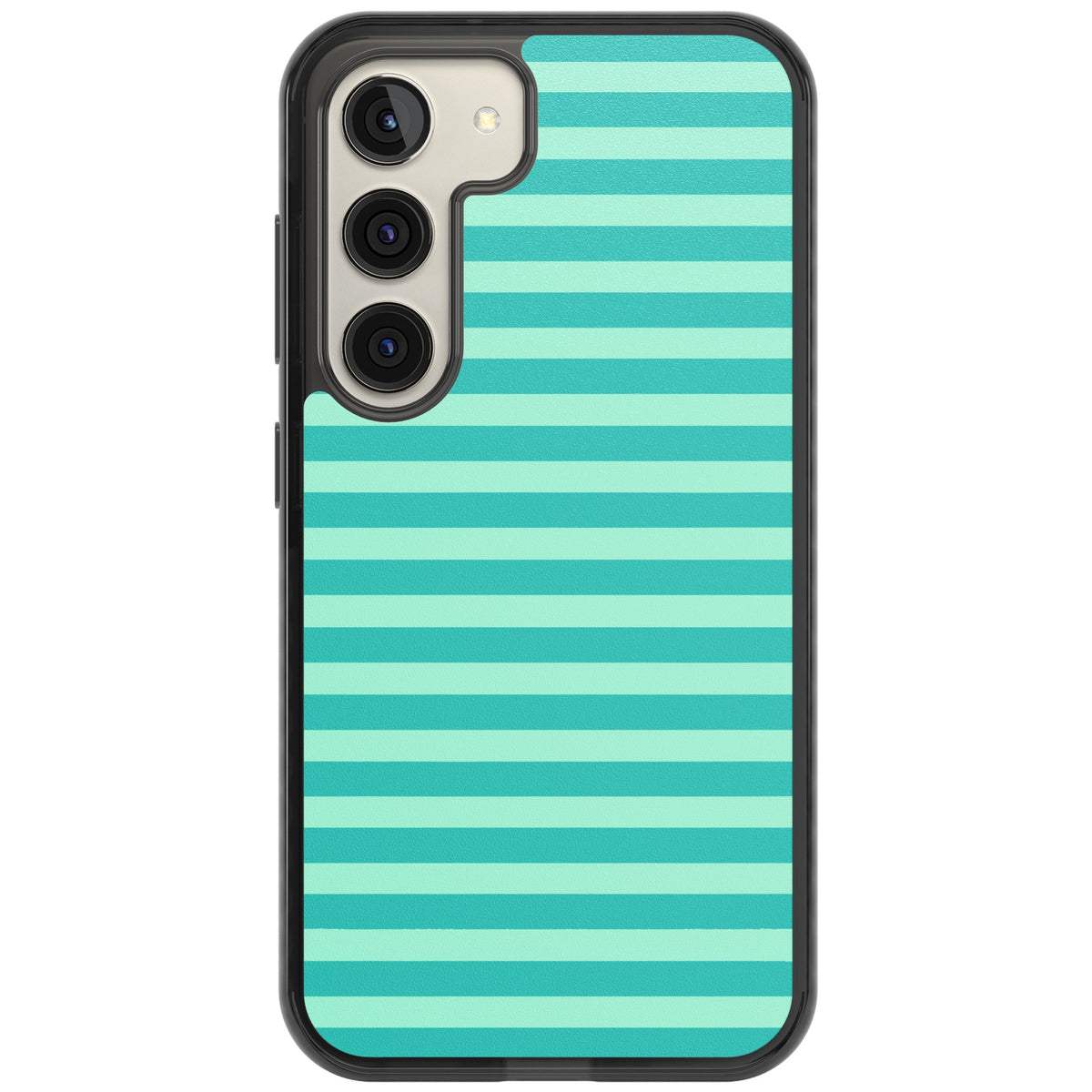 Turquoise Stripe preppy iPhone case featuring horizontal teal and mint green stripes on a black protective frame Samsung S22 / Samsung S22 Plus / Samsung S23 / Samsung S23 Plus / Samsung S24 / Samsung S24 Plus Impact Black Phone Case front