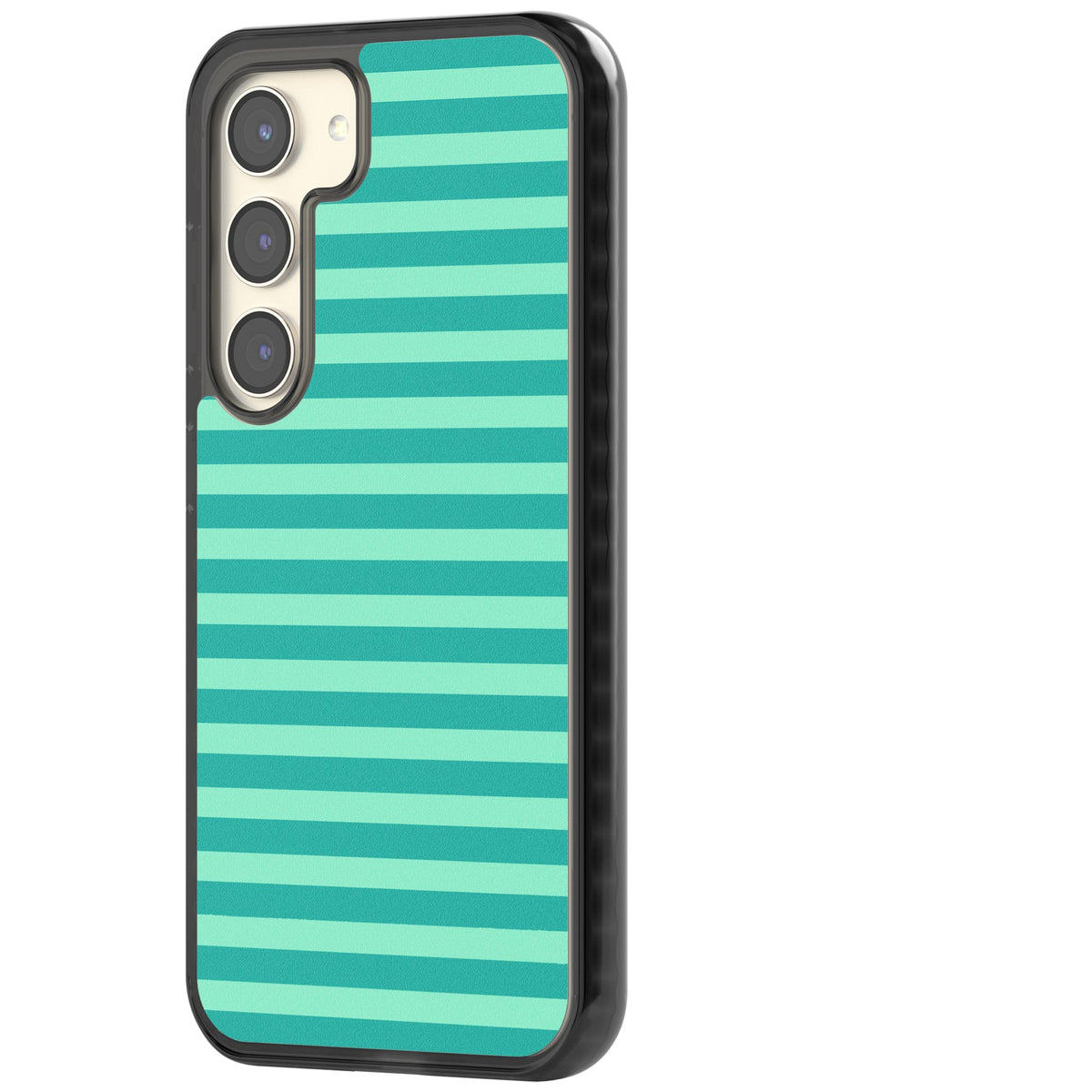 Turquoise Stripe preppy iPhone case featuring horizontal teal and mint green stripes on a black protective frame Samsung S22 / Samsung S22 Plus / Samsung S23 / Samsung S23 Plus / Samsung S24 / Samsung S24 Plus Impact Black Phone Case side