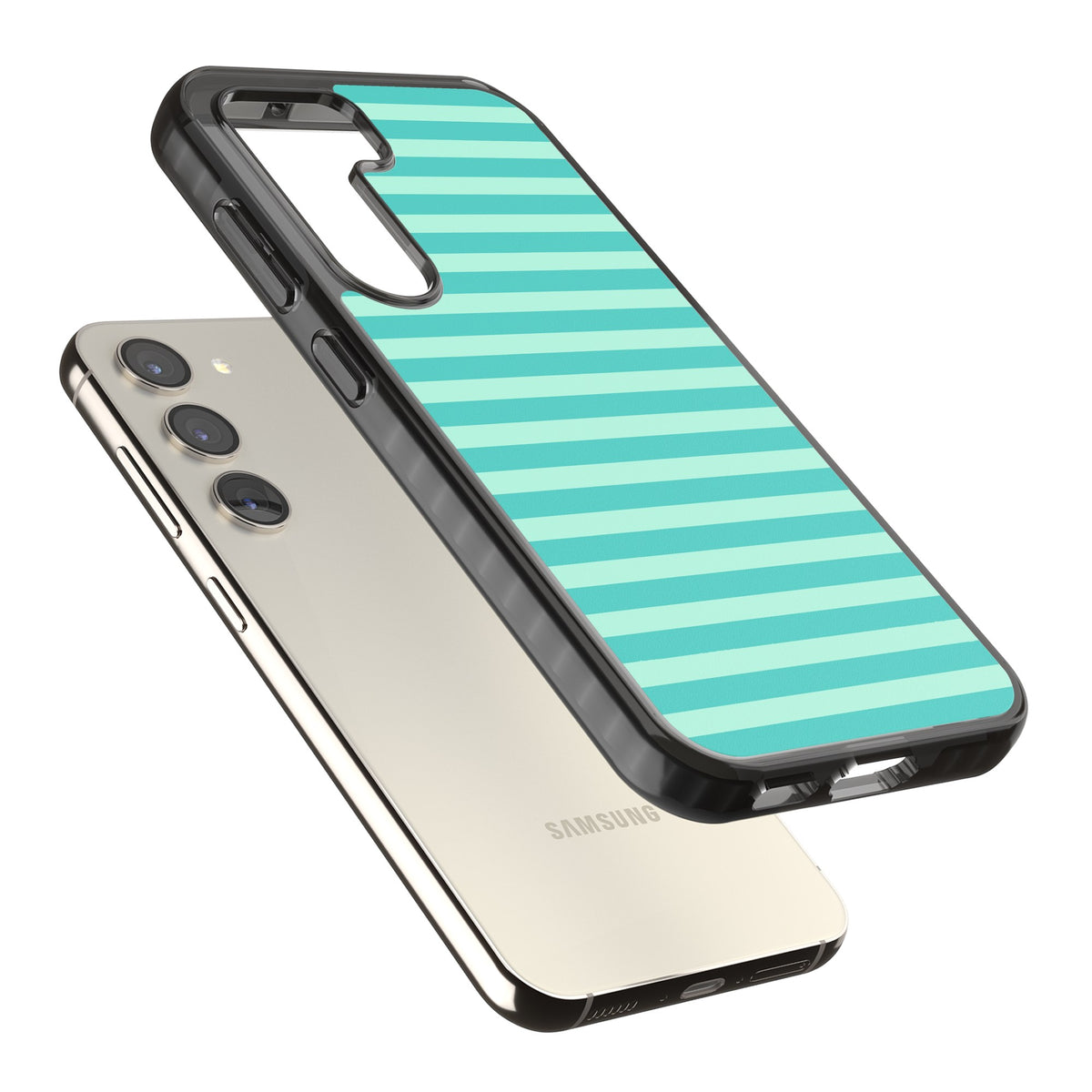 Turquoise Stripe preppy iPhone case featuring horizontal teal and mint green stripes on a black protective frame Samsung S22 / Samsung S22 Plus / Samsung S23 / Samsung S23 Plus / Samsung S24 / Samsung S24 Plus Impact Black Phone Case angled
