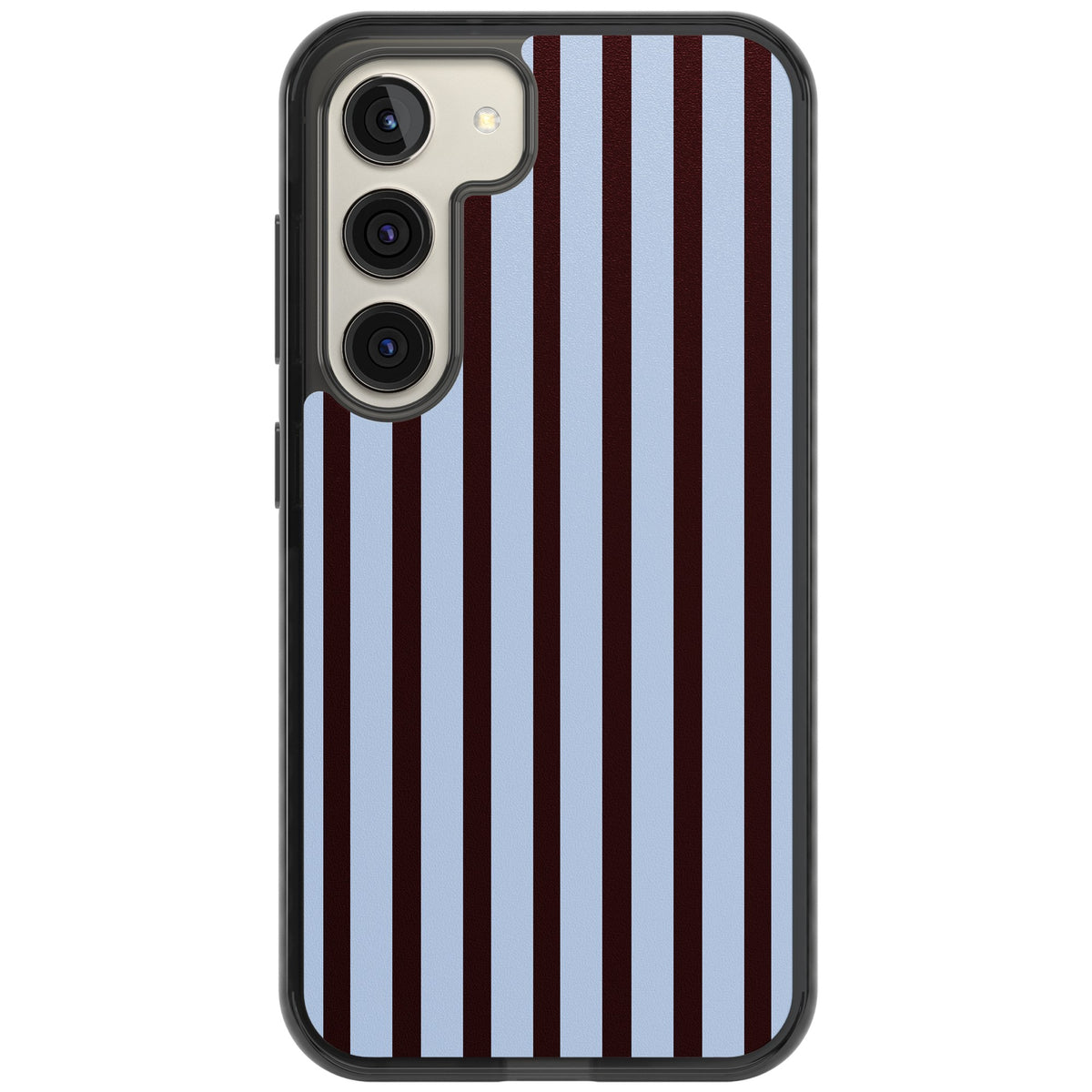 Blackcurrant Stripe preppy iPhone case featuring vertical burgundy and light blue stripes in a classic pinstripe layout Samsung S22 / Samsung S22 Plus / Samsung S23 / Samsung S23 Plus / Samsung S24 / Samsung S24 Plus Impact Black Phone Case front