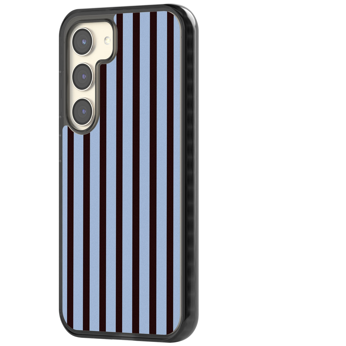 Blackcurrant Stripe preppy iPhone case featuring vertical burgundy and light blue stripes in a classic pinstripe layout Samsung S22 / Samsung S22 Plus / Samsung S23 / Samsung S23 Plus / Samsung S24 / Samsung S24 Plus Impact Black Phone Case side