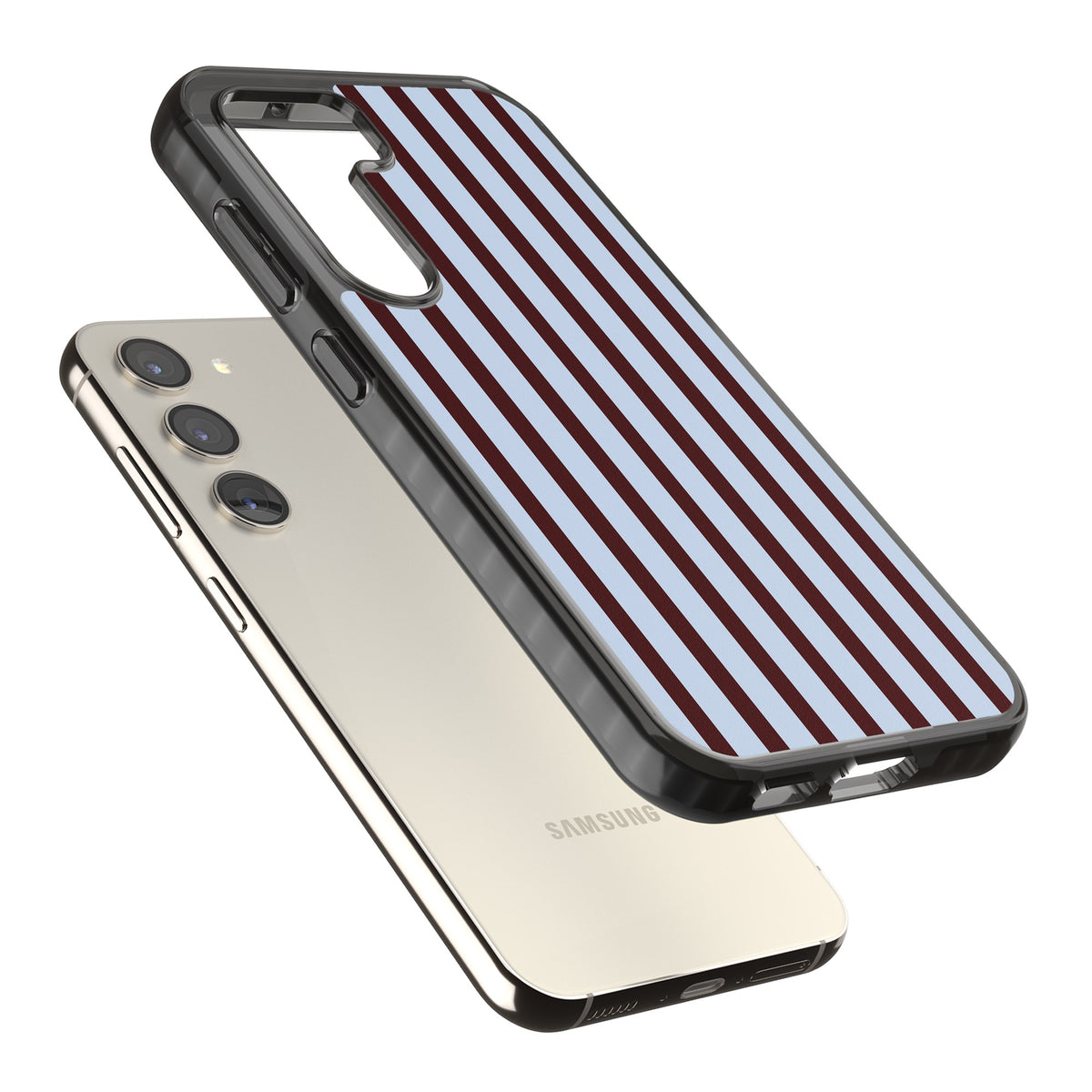 Blackcurrant Stripe preppy iPhone case featuring vertical burgundy and light blue stripes in a classic pinstripe layout Samsung S22 / Samsung S22 Plus / Samsung S23 / Samsung S23 Plus / Samsung S24 / Samsung S24 Plus Impact Black Phone Case angled
