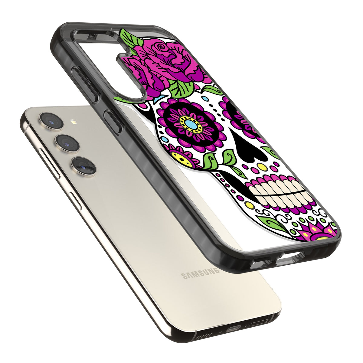 Purple Floral Sugar Skull Samsung S22 / Samsung S22 Plus / Samsung S23 / Samsung S23 Plus / Samsung S24 / Samsung S24 Plus Impact Black Phone Case angled