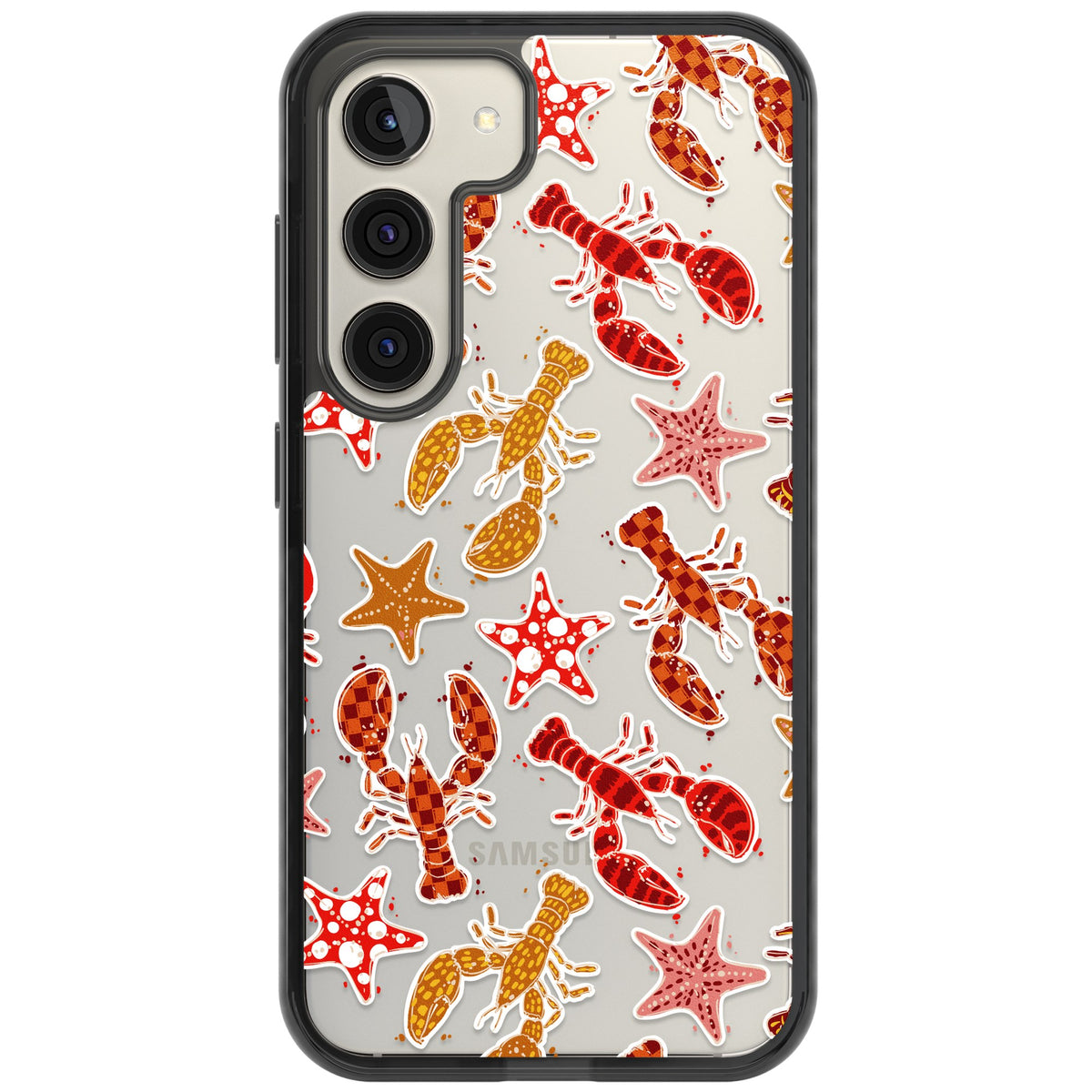 Lobster & Starfish Coastal Pattern Samsung S22 / Samsung S22 Plus / Samsung S23 / Samsung S23 Plus / Samsung S24 / Samsung S24 Plus Impact Black Phone Case front