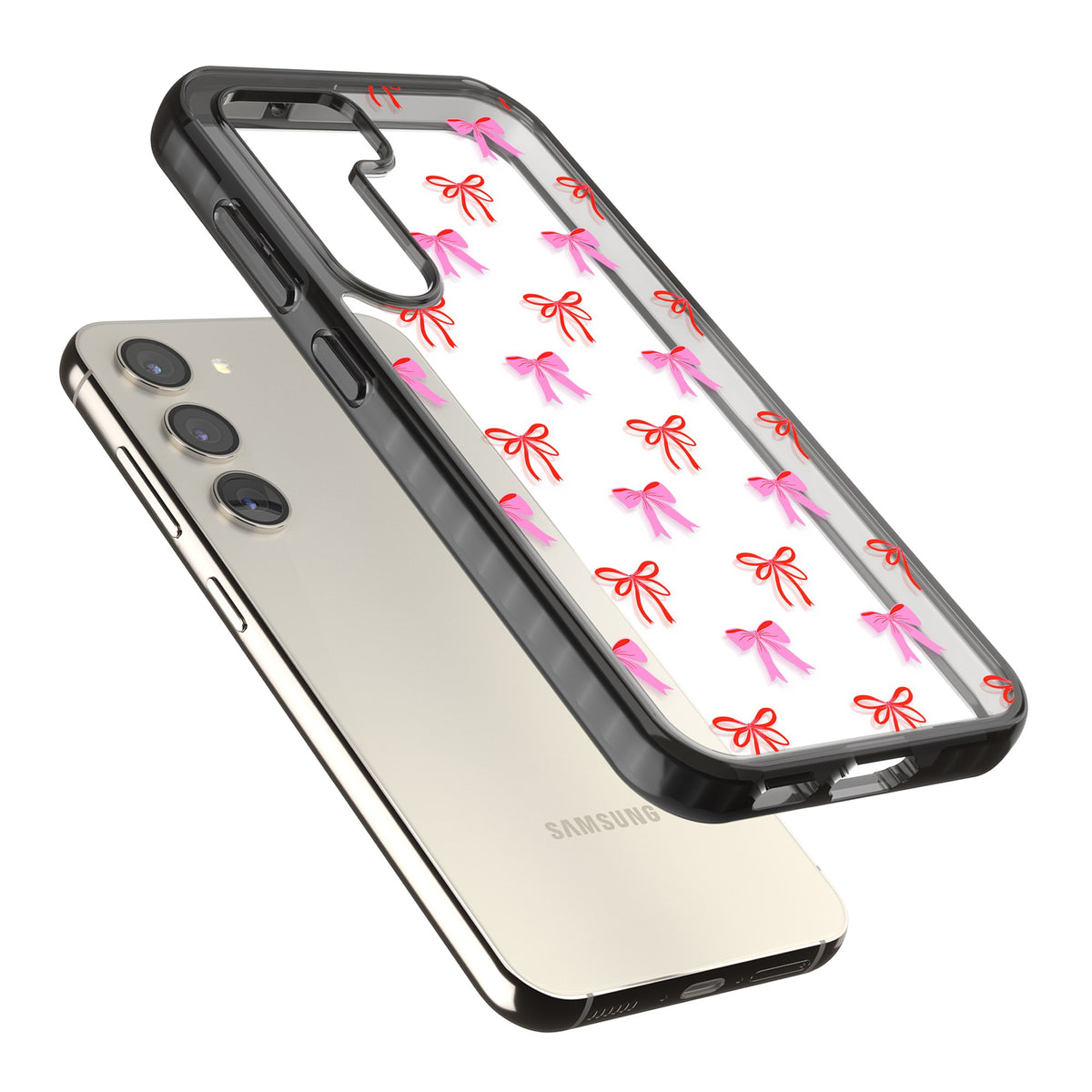 Cute Bow Pattern Samsung S22 / Samsung S22 Plus / Samsung S23 / Samsung S23 Plus / Samsung S24 / Samsung S24 Plus Impact Black Phone Case angled