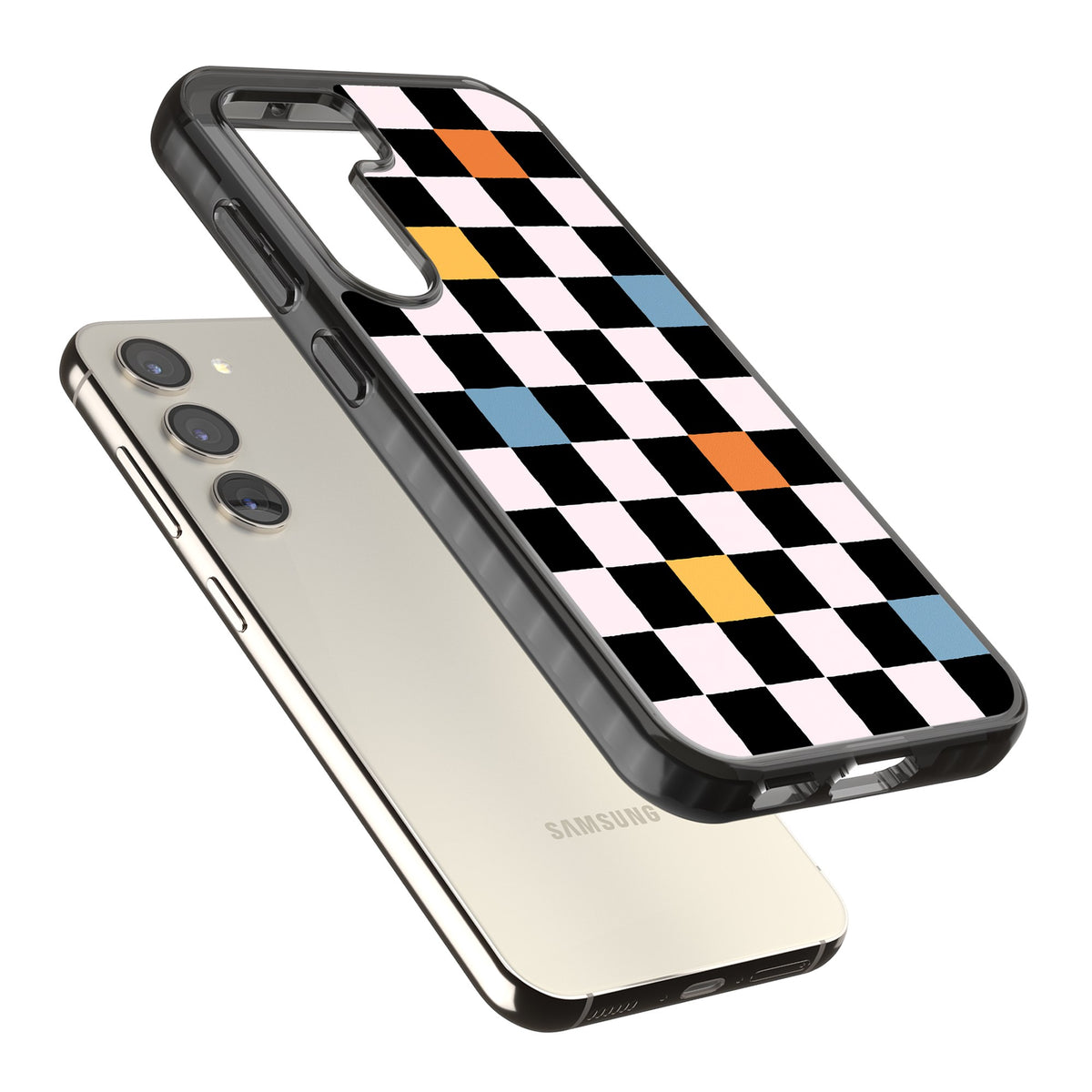 Vibrant Retro Check Samsung S22 / Samsung S22 Plus / Samsung S23 / Samsung S23 Plus / Samsung S24 / Samsung S24 Plus Impact Black Phone Case angled
