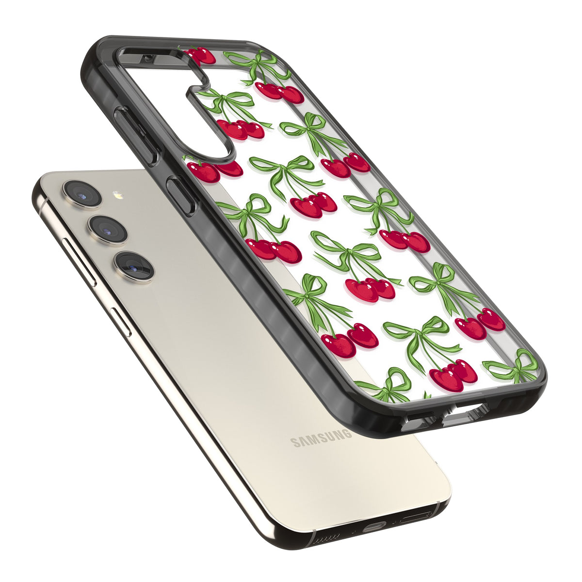 Cherry Bows Samsung S22 / Samsung S22 Plus / Samsung S23 / Samsung S23 Plus / Samsung S24 / Samsung S24 Plus Impact Black Phone Case angled
