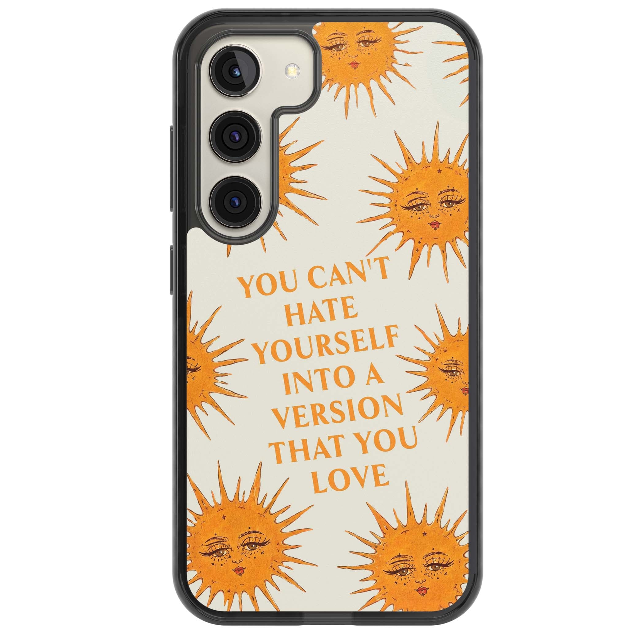 Don't Hate Yourself celestial iPhone case featuring vintage sun faces, ochre rays and a self-love quote | Black Impact case for Samsung Galaxy S24, Samsung Galaxy S23, Samsung Galaxy S22