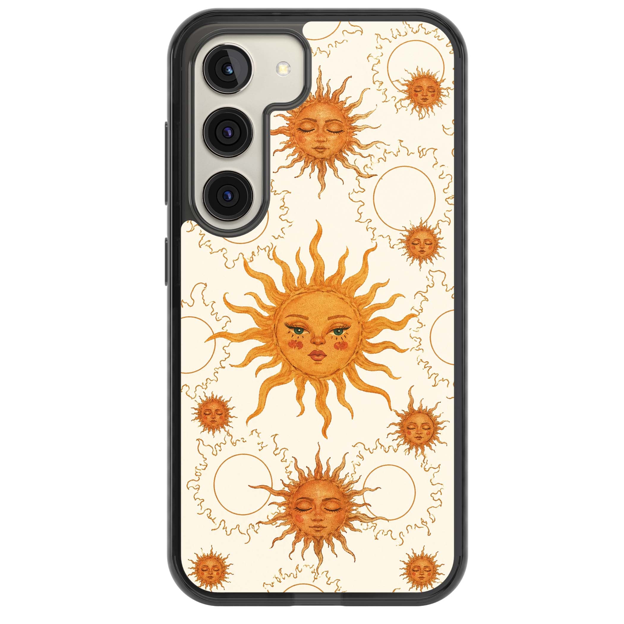 Solstice Muse celestial iPhone case featuring hand-painted golden sun faces, closed-eye sun goddesses and outlined moons... | Black Impact case for Samsung Galaxy S24, Samsung Galaxy S23, Samsung Galaxy S22