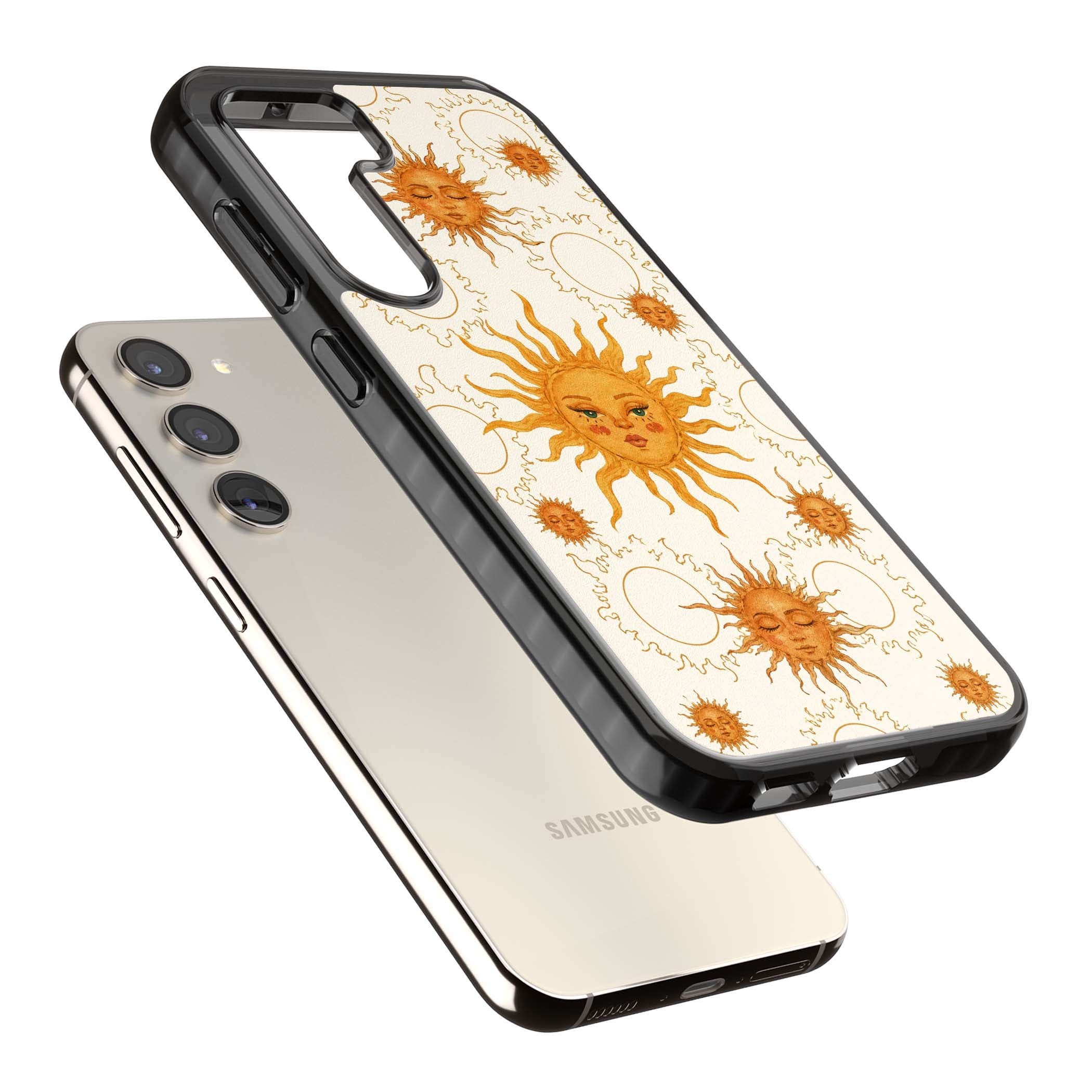 Solstice Muse celestial iPhone case featuring hand-painted golden sun faces, closed-eye sun goddesses and outlined moons... | Black Impact case for Samsung Galaxy S24, Samsung Galaxy S23, Samsung Galaxy S22