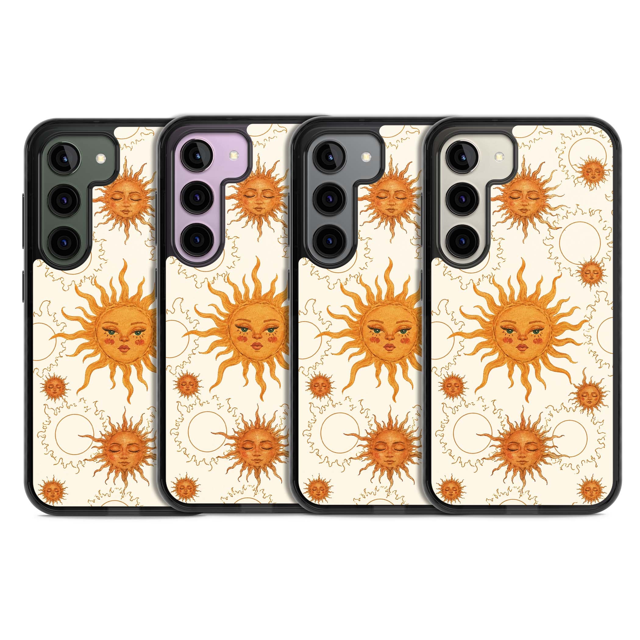 Solstice Muse celestial iPhone case featuring hand-painted golden sun faces, closed-eye sun goddesses and outlined moons... | Black Impact case for Samsung Galaxy S24, Samsung Galaxy S23, Samsung Galaxy S22