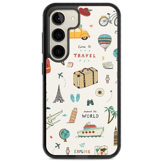 Cute Travel Pattern Cream Phone Case Samsung S22 / Black Impact Case,Samsung S23 / Black Impact Case Blanc Space