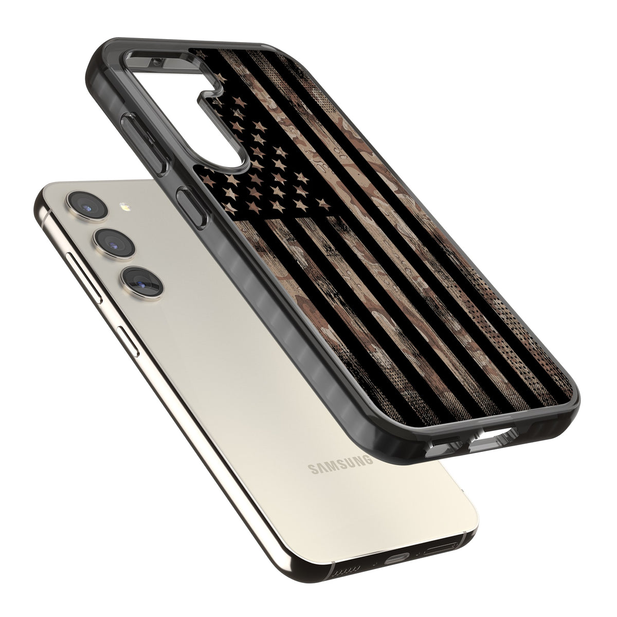 American Flag Camo Samsung S22 / Samsung S22 Plus / Samsung S23 / Samsung S23 Plus / Samsung S24 / Samsung S24 Plus Impact Black Phone Case angled