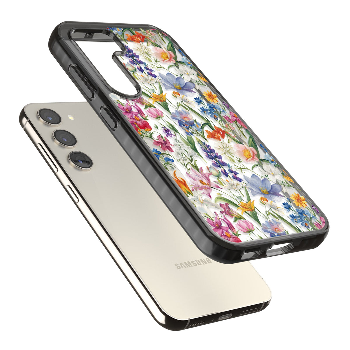 Vintage Wildflowers Samsung S22 / Samsung S22 Plus / Samsung S23 / Samsung S23 Plus / Samsung S24 / Samsung S24 Plus Impact Black Phone Case angled