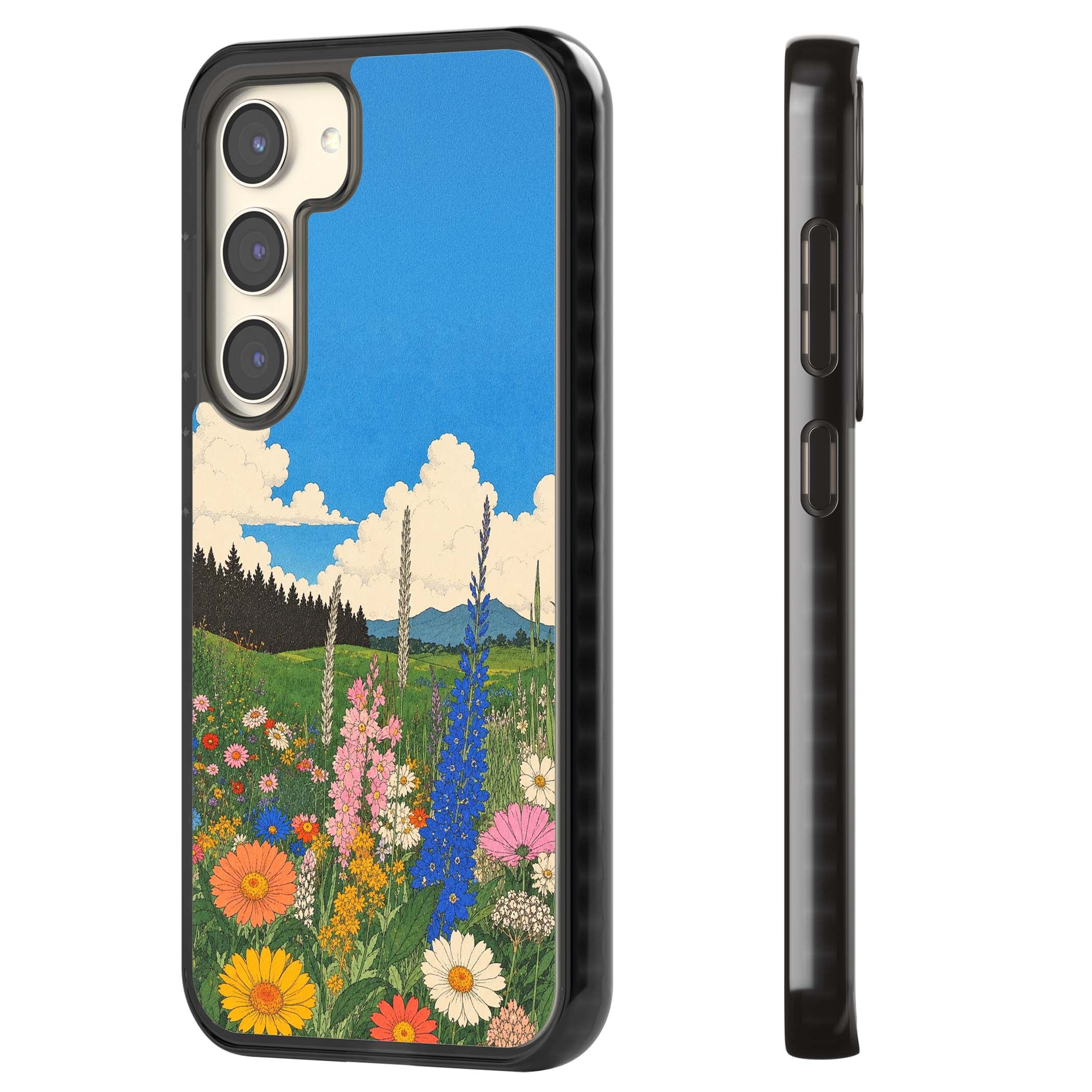 Wildbloom wildflower iPhone case featuring a vintage Japanese-style meadow landscape with daisies, delphiniums and moun | Black Impact case for Samsung Galaxy S24, Samsung Galaxy S23, Samsung Galaxy S22