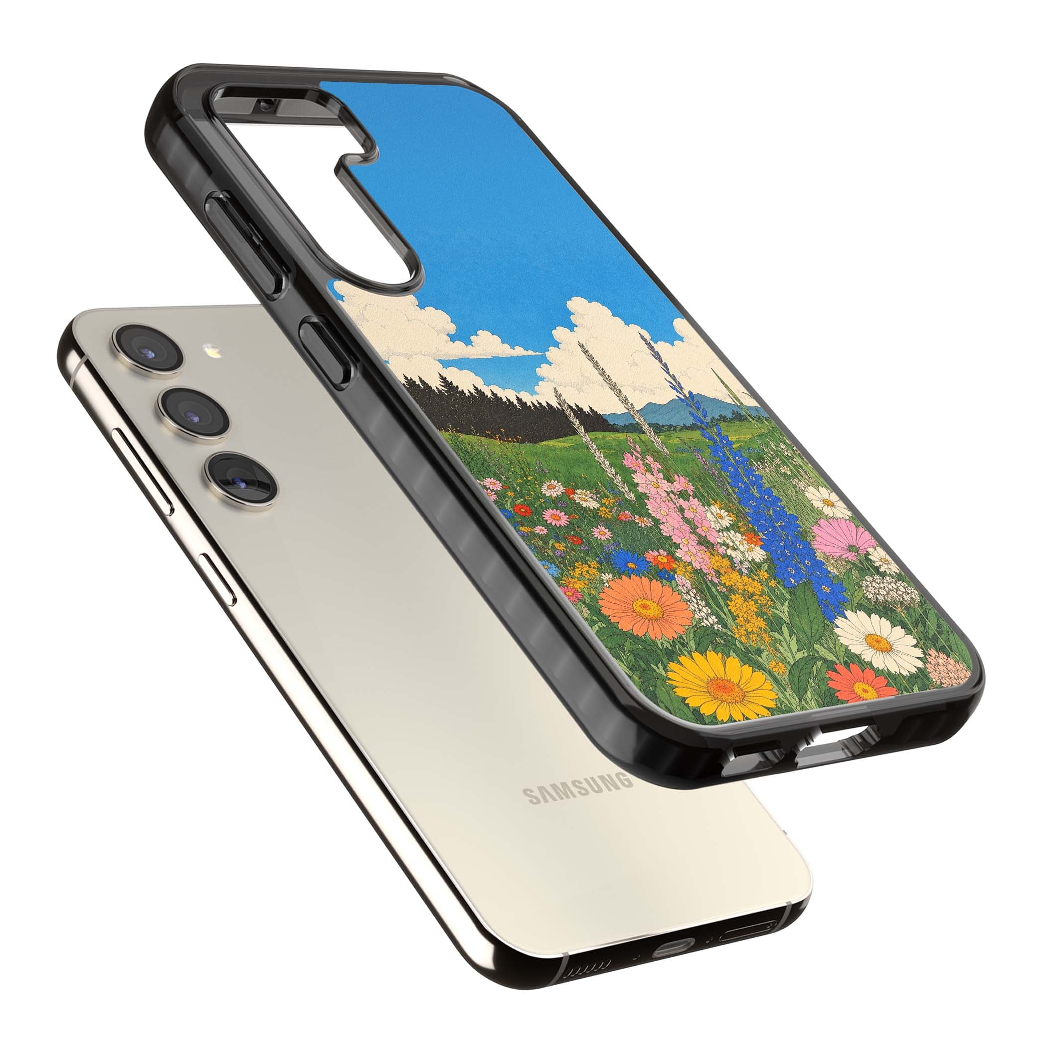 Wildbloom wildflower iPhone case featuring a vintage Japanese-style meadow landscape with daisies, delphiniums and moun | Black Impact case for Samsung Galaxy S24, Samsung Galaxy S23, Samsung Galaxy S22