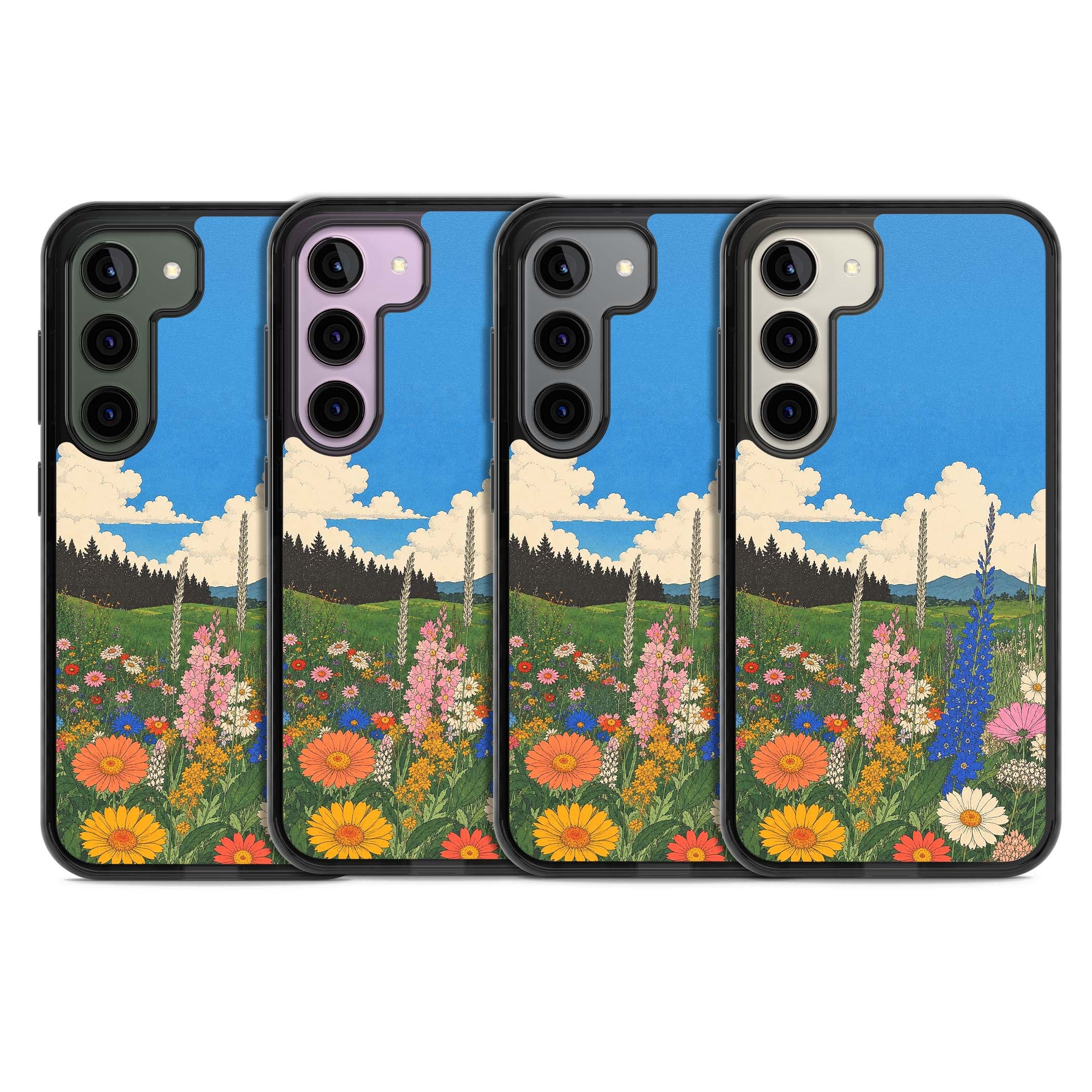 Wildbloom wildflower iPhone case featuring a vintage Japanese-style meadow landscape with daisies, delphiniums and moun | Black Impact case for Samsung Galaxy S24, Samsung Galaxy S23, Samsung Galaxy S22