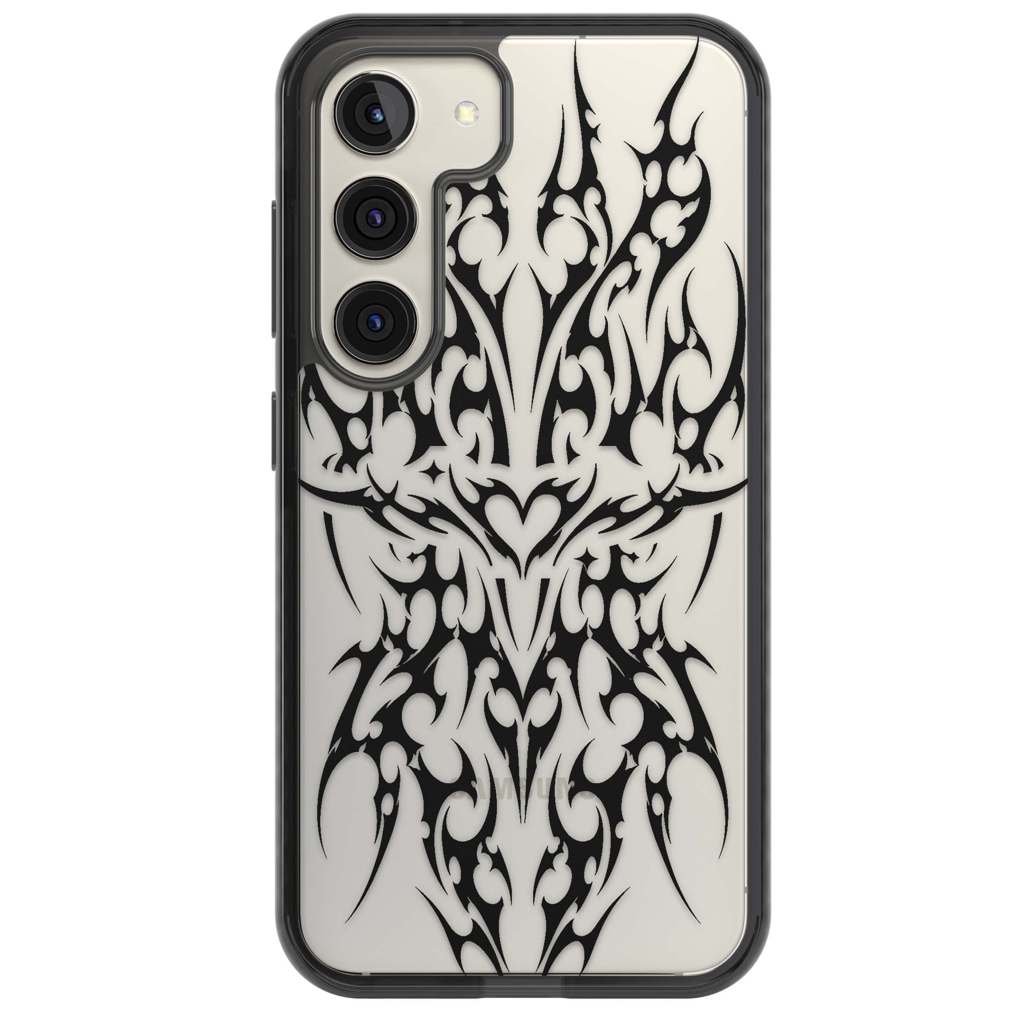 Neo Tribal Heart gothic iPhone case featuring symmetrical black tribal tattoo art with sharp thorn-like linework | Black Impact case for Samsung Galaxy S24, Samsung Galaxy S23, Samsung Galaxy S22