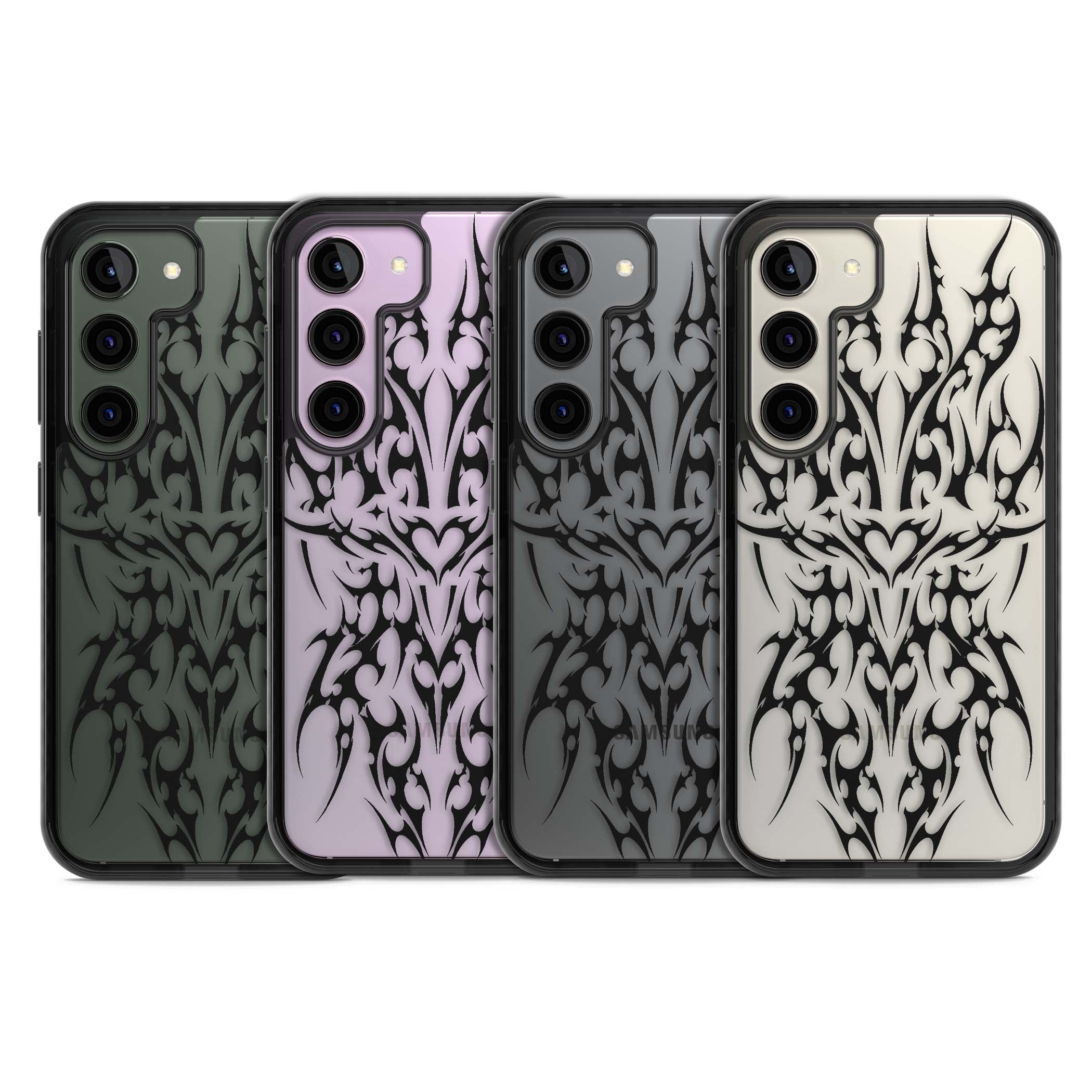 Neo Tribal Heart gothic iPhone case featuring symmetrical black tribal tattoo art with sharp thorn-like linework | Black Impact case for Samsung Galaxy S24, Samsung Galaxy S23, Samsung Galaxy S22