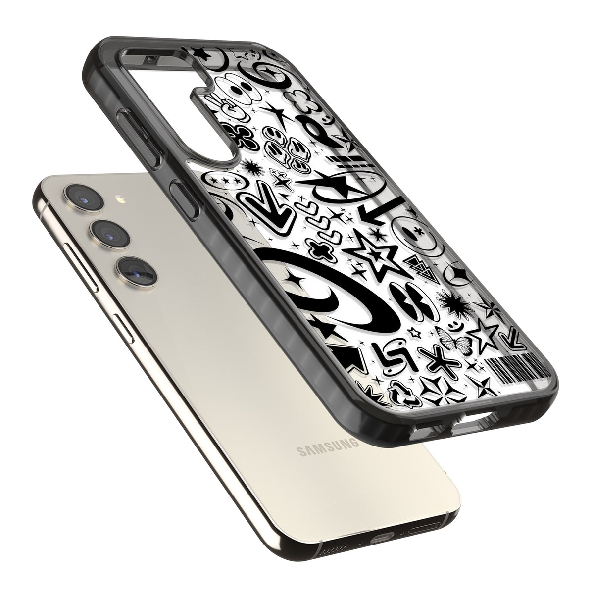 Black Y2K Pattern Samsung S22 / Samsung S22 Plus / Samsung S23 / Samsung S23 Plus / Samsung S24 / Samsung S24 Plus Impact Black Phone Case angled